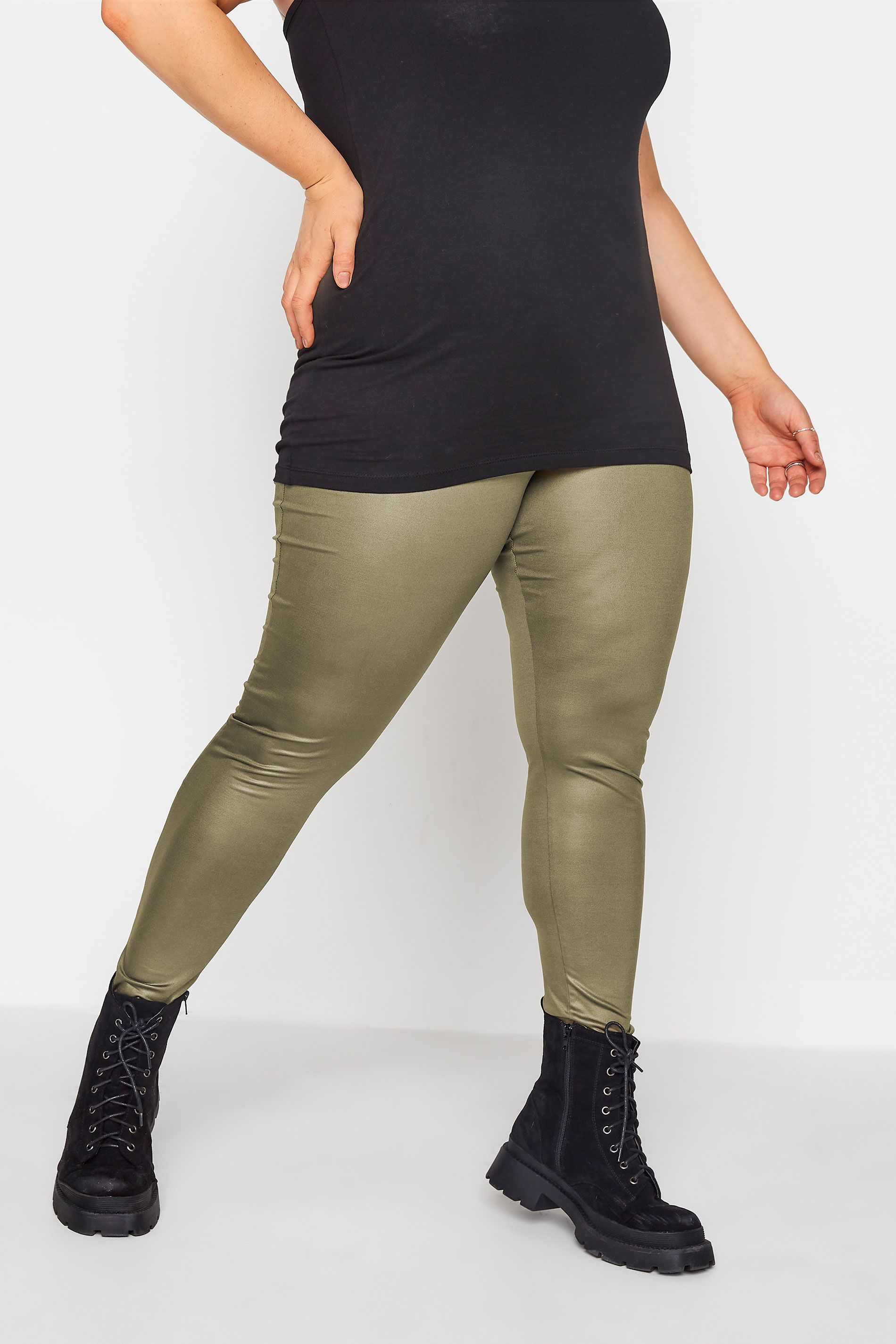 Plus Size Khaki Leather Look Leggings 