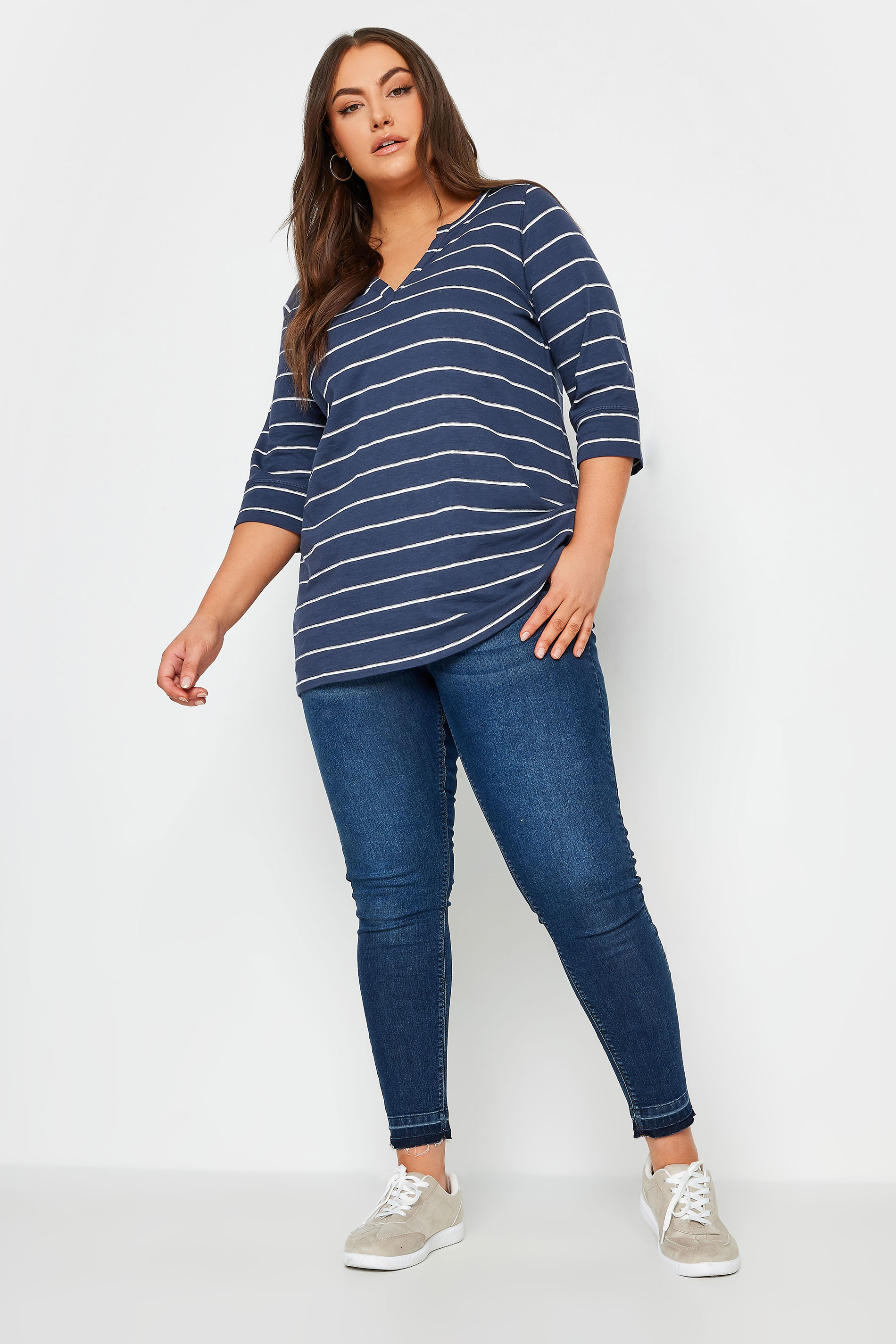 YOURS Plus Size Blue & White Stripe Notch Neck Top | Yours Clothing 2