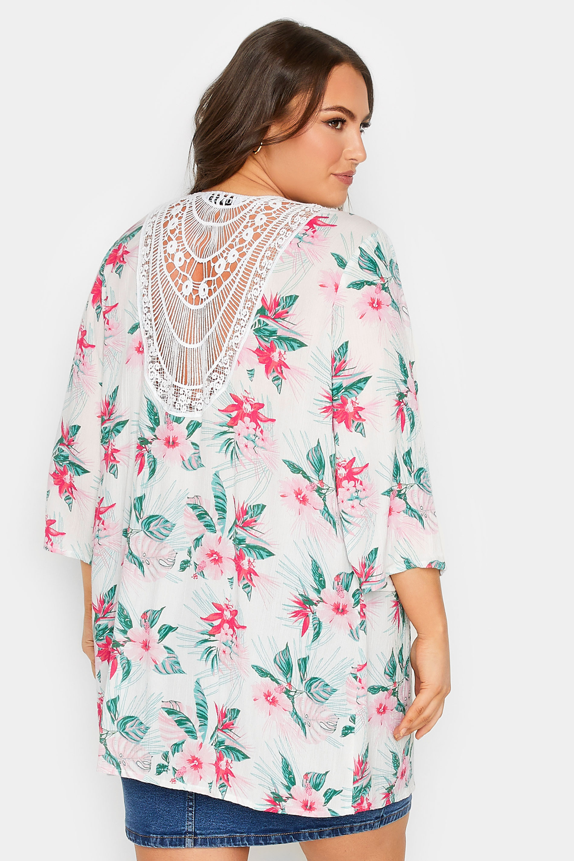 YOURS Plus Size White Floral Crochet Back Kimono | Yours Clothing 3