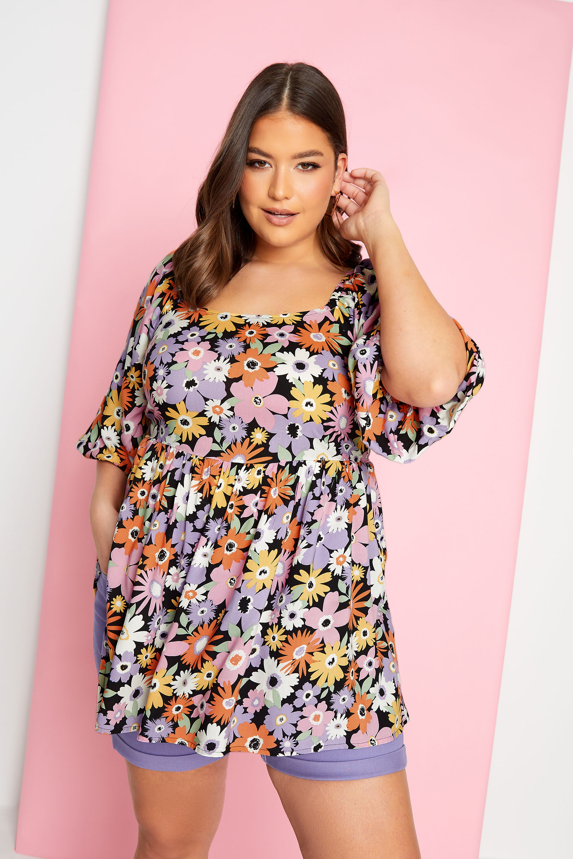 YOURS Curve Plus Size Purple Floral Peplum Top | Yours Clothing  1