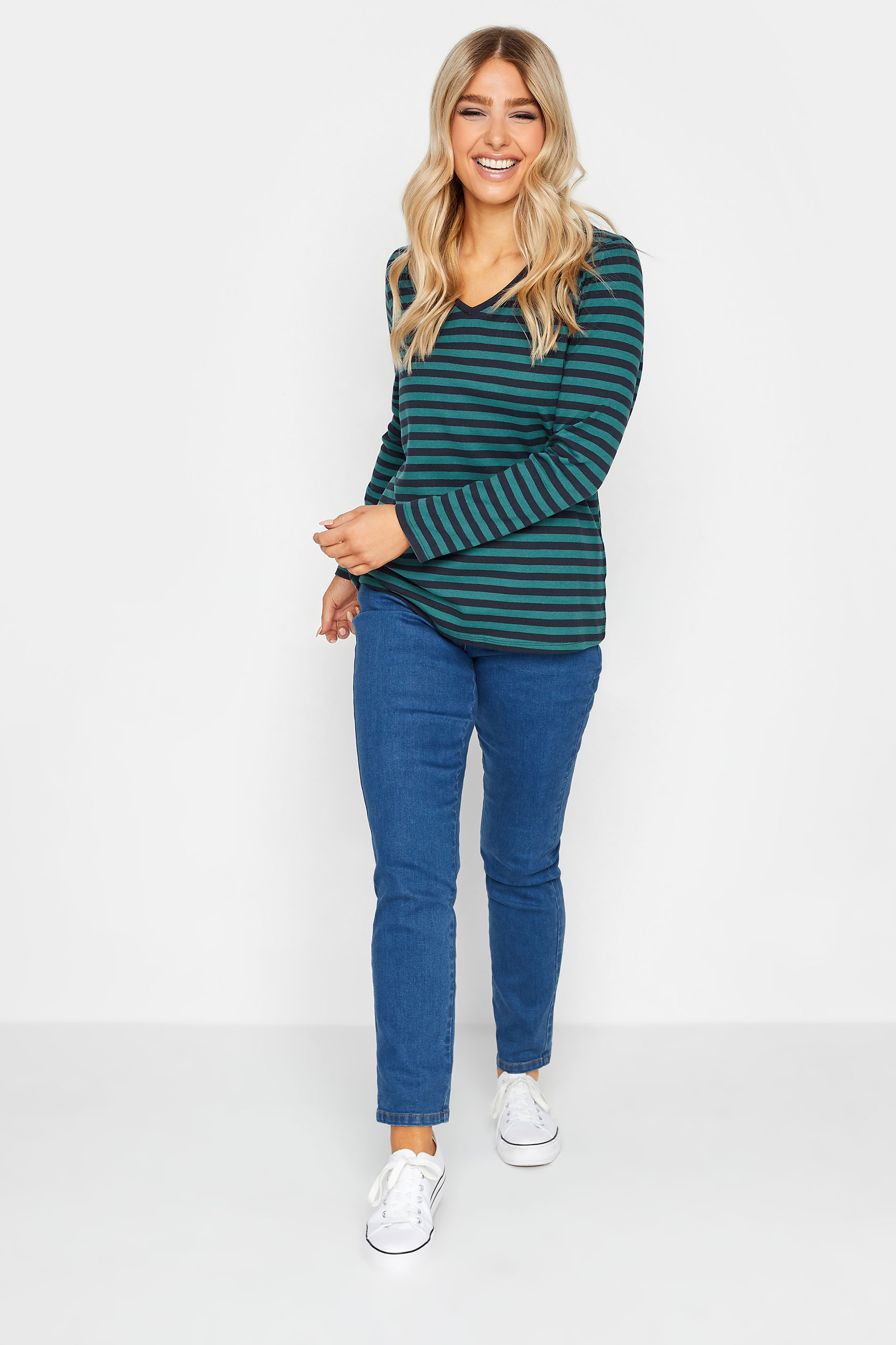 M&Co Teal Blue Stripe V-Neck Long Sleeve Cotton T-Shirt | M&Co 3