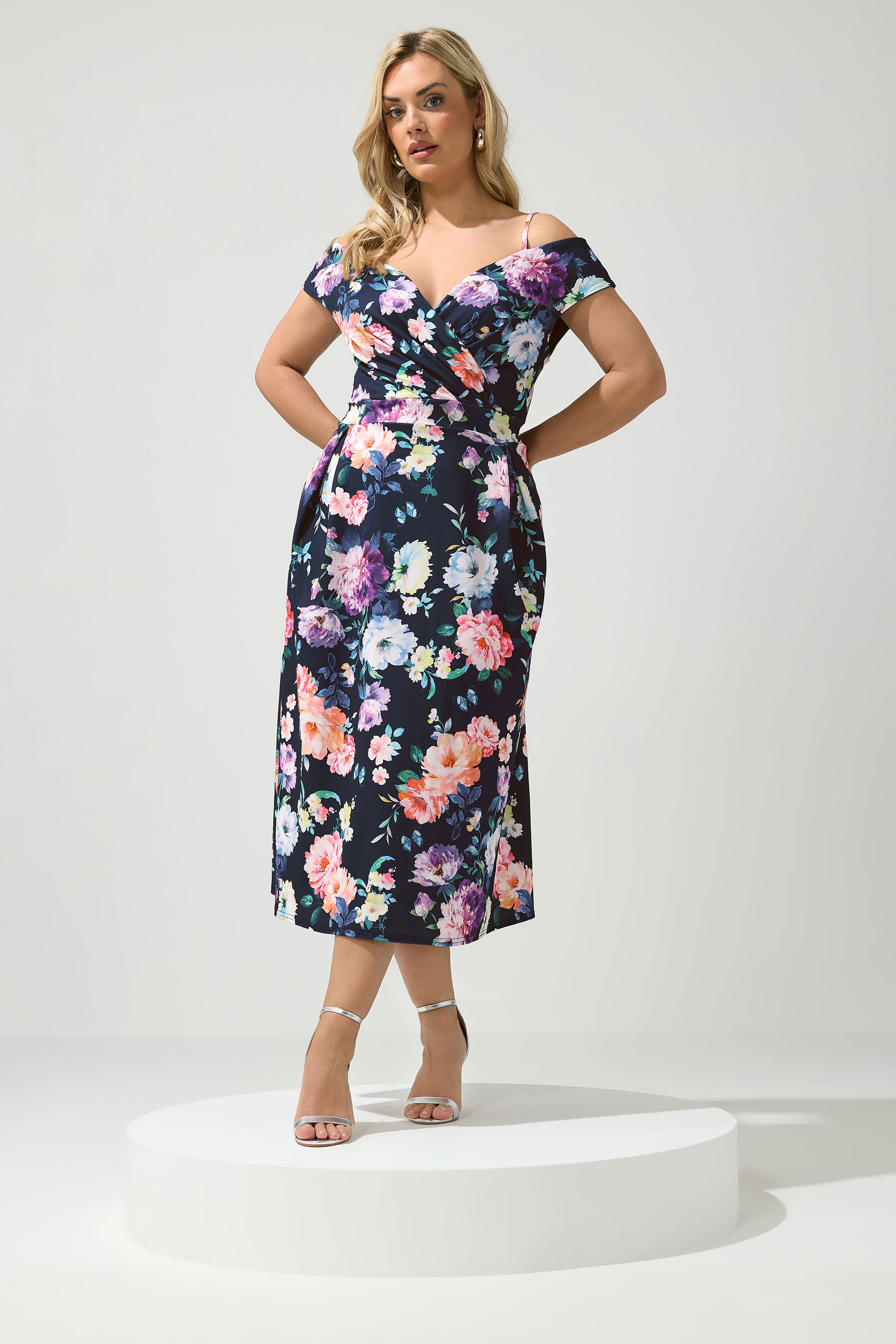 YOURS LONDON Plus Size Navy Blue Bardot Floral Skater Dress | Yours Clothing 3