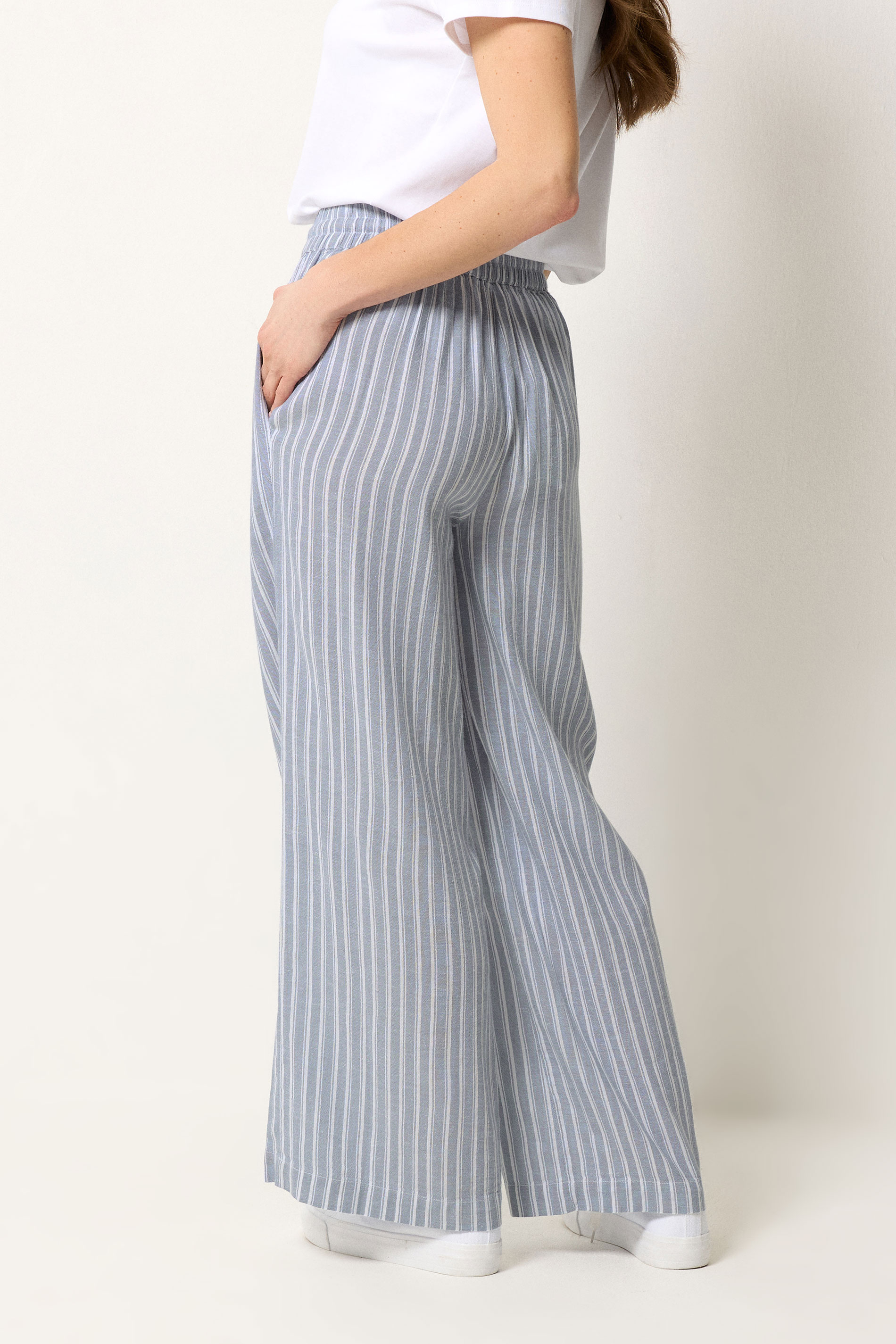 M&Co Blue Stripe Tie Waist Cotton Trousers | M&Co 4