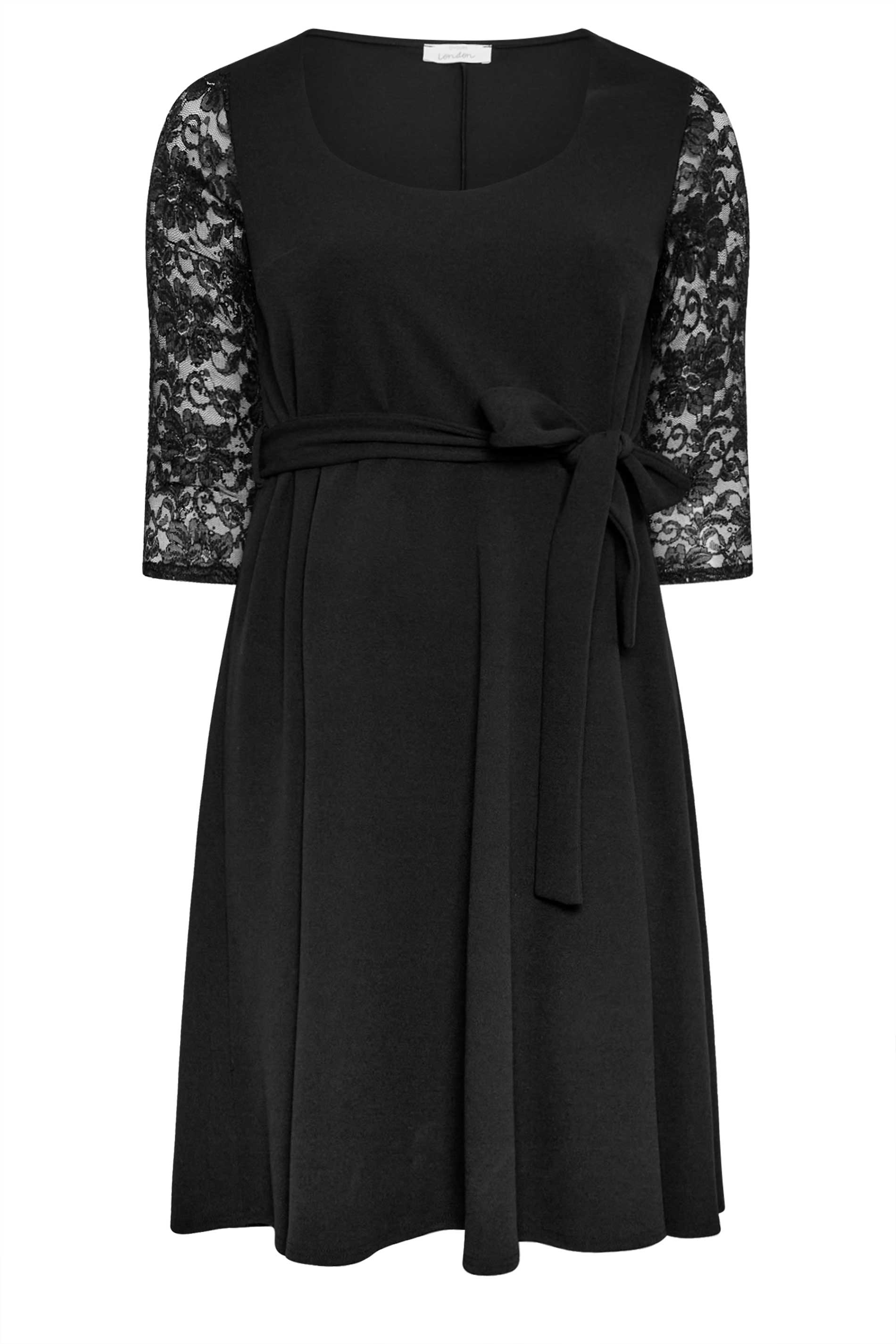 YOURS LONDON Plus Size Black Sequin Detail Lace Sleeve Skater Dress | Yours  Clothing