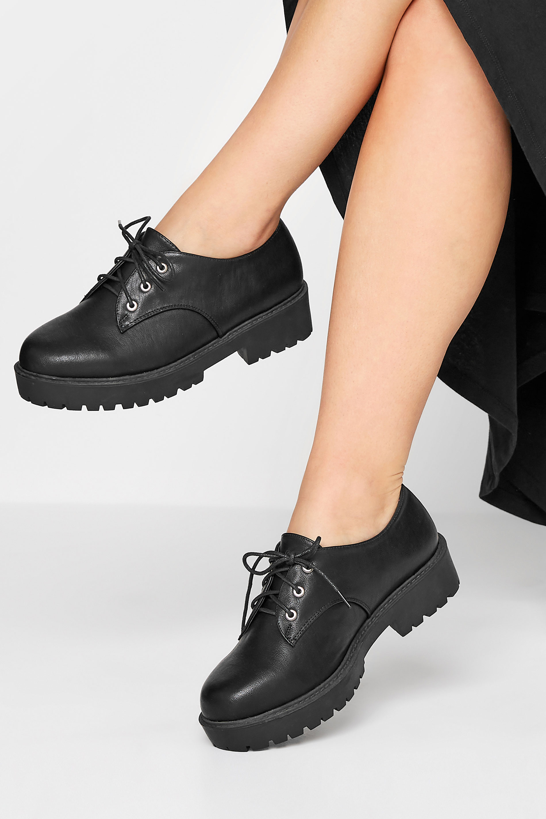 Black Chunky Lace Up Derby Shoes In Extra Wide EEE Fit | Yours Clothing 1