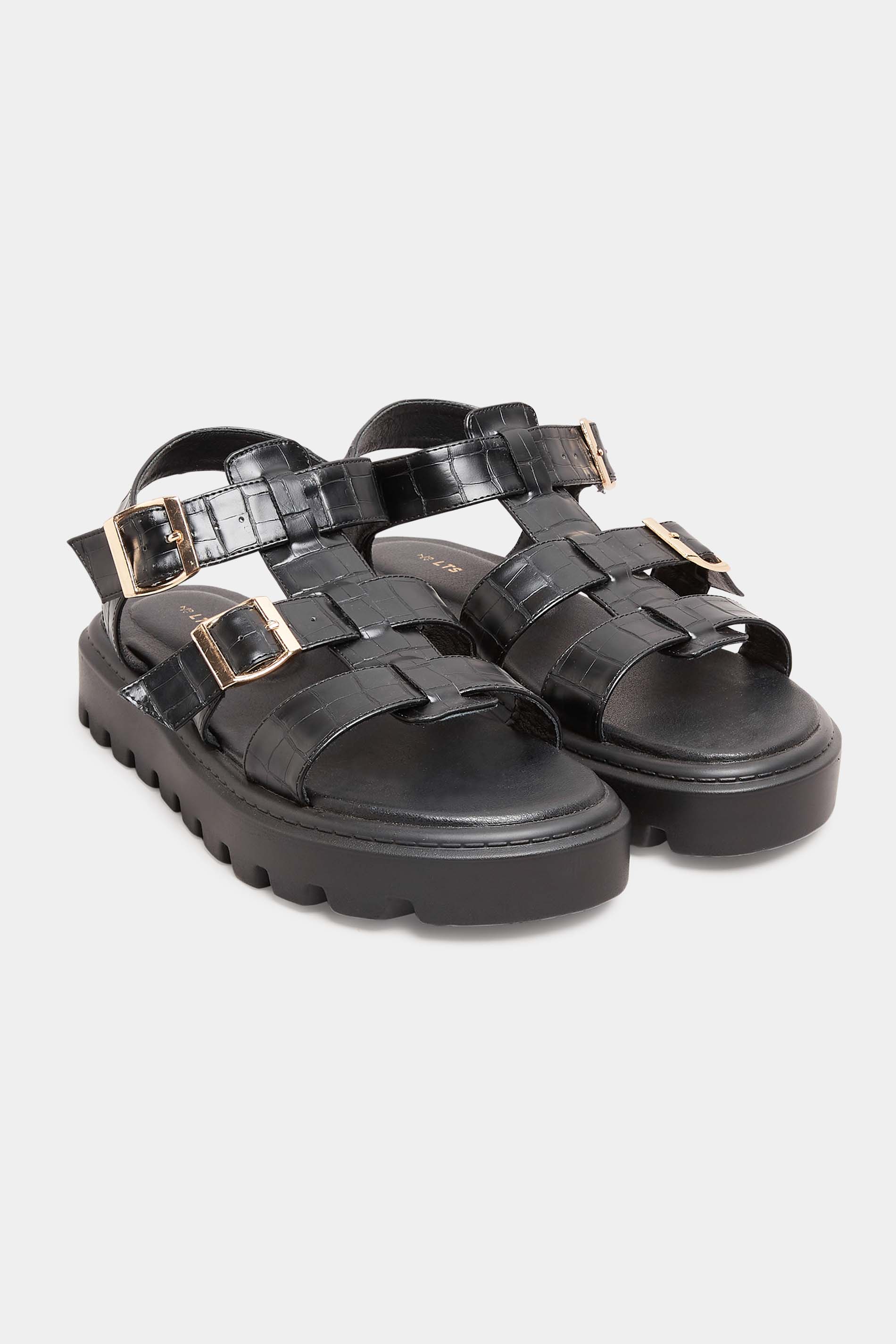 Grande taille  Sandals Grande taille  Flat Sandals | LTS Black Croc Gladiator Sandals In Standard D Fit - GM79523