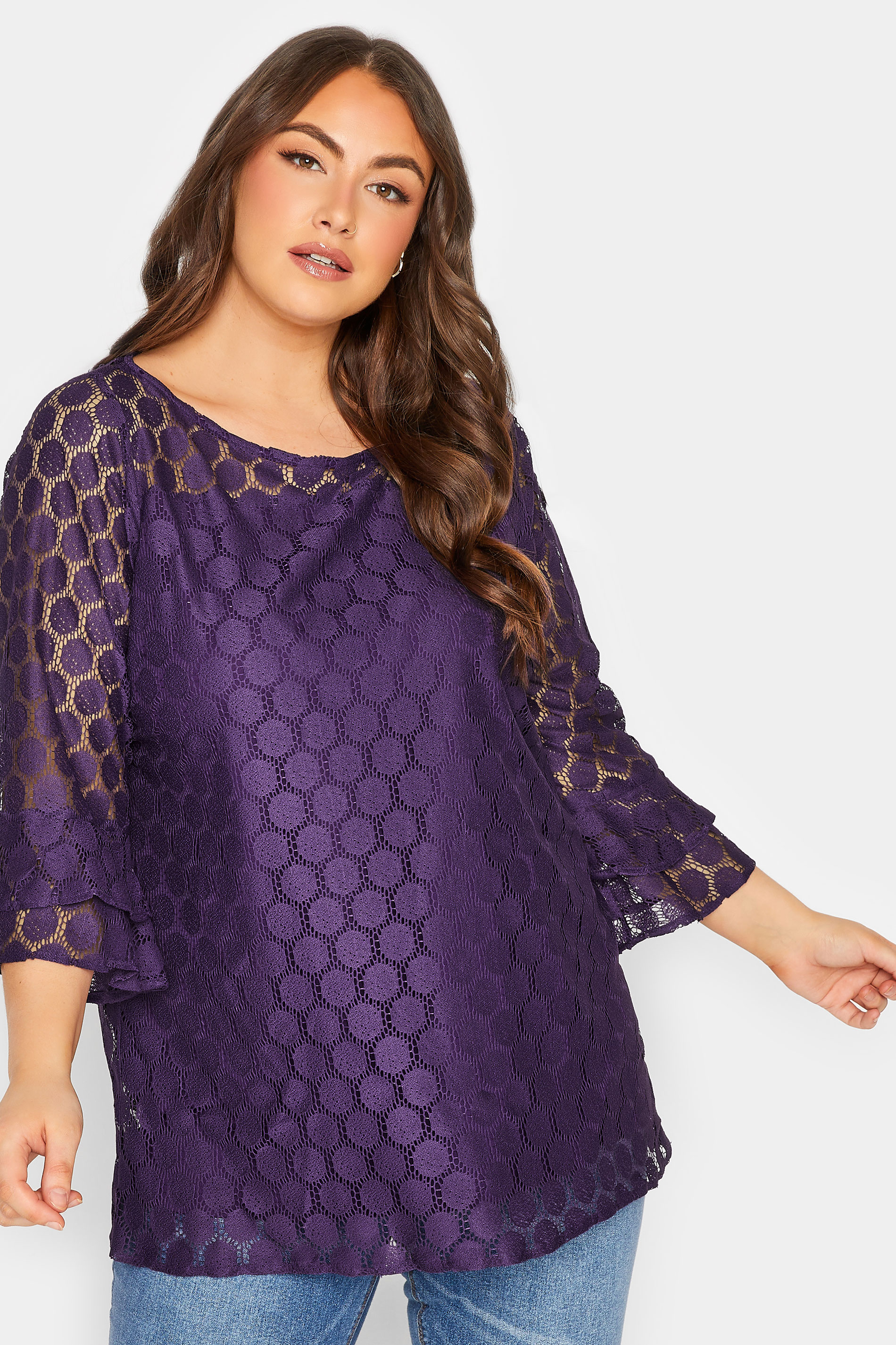 YOURS Plus Size Purple Lace Bell Sleeve Blouse | Yours Clothing 1