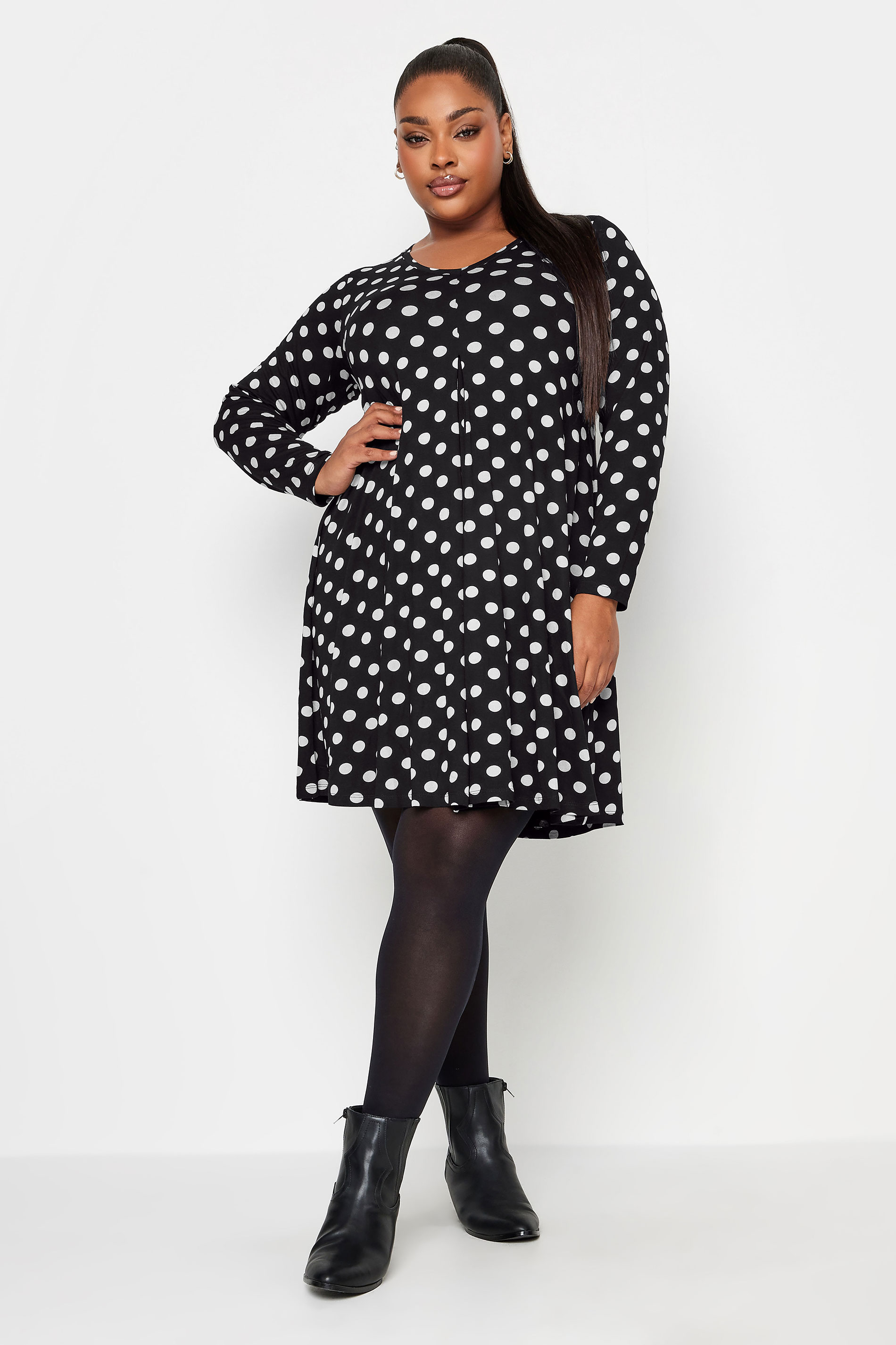 YOURS Plus Size Black Polka Dot Print Swing Mini Dress | Yours Clothing 1