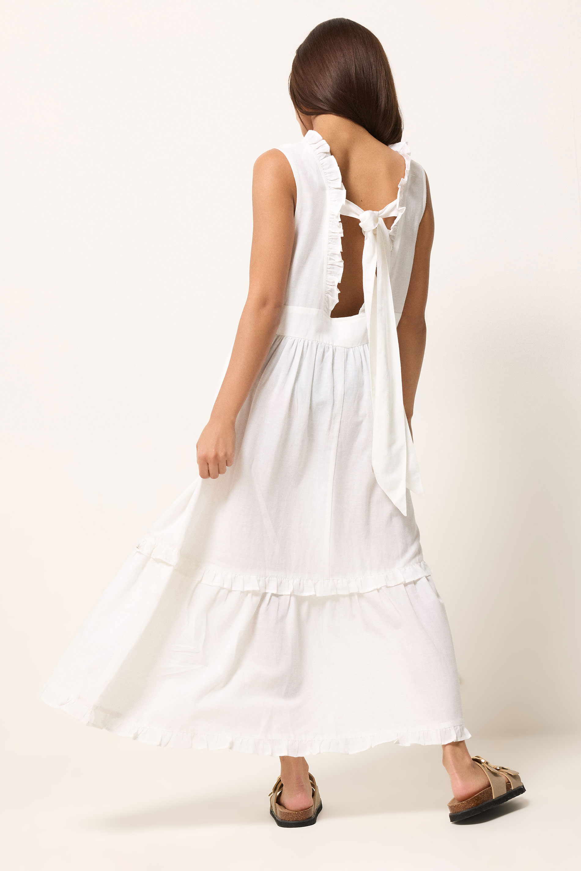 PixieGirl Petite Women's White Ruffle Tie Back Midi Dress | PixieGirl 2