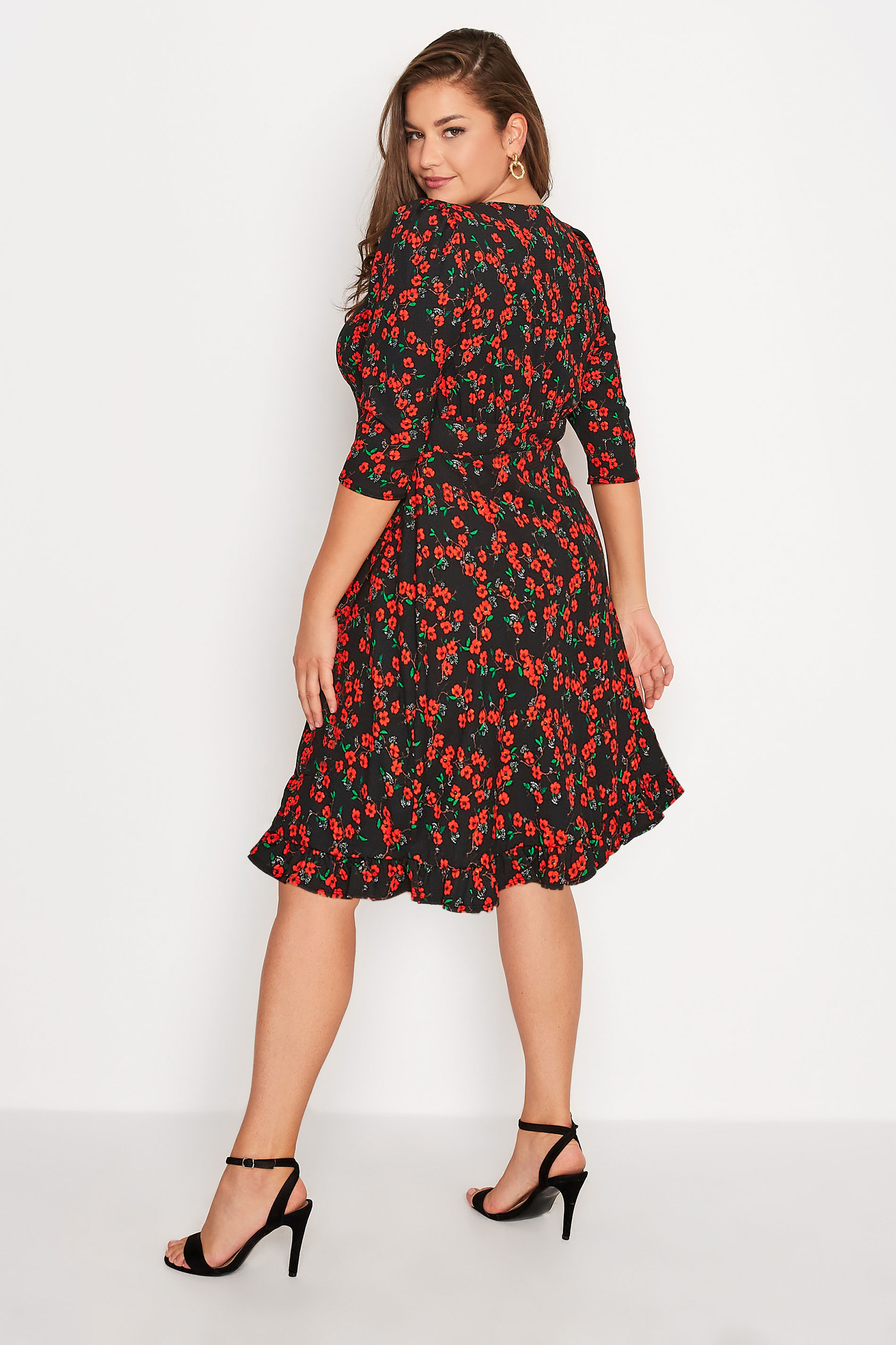 Plus Size Black & Red Ditsy Print Frill Trim Dress | Yours Clothing 3