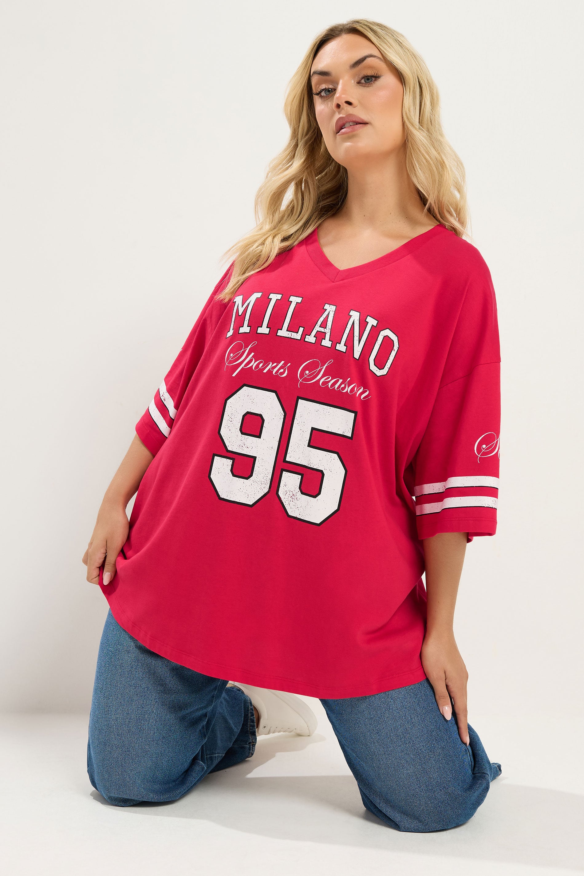 YOURS Plus Size Red 'Milano' Boxy Varsity T-Shirt | Yours Clothing 3