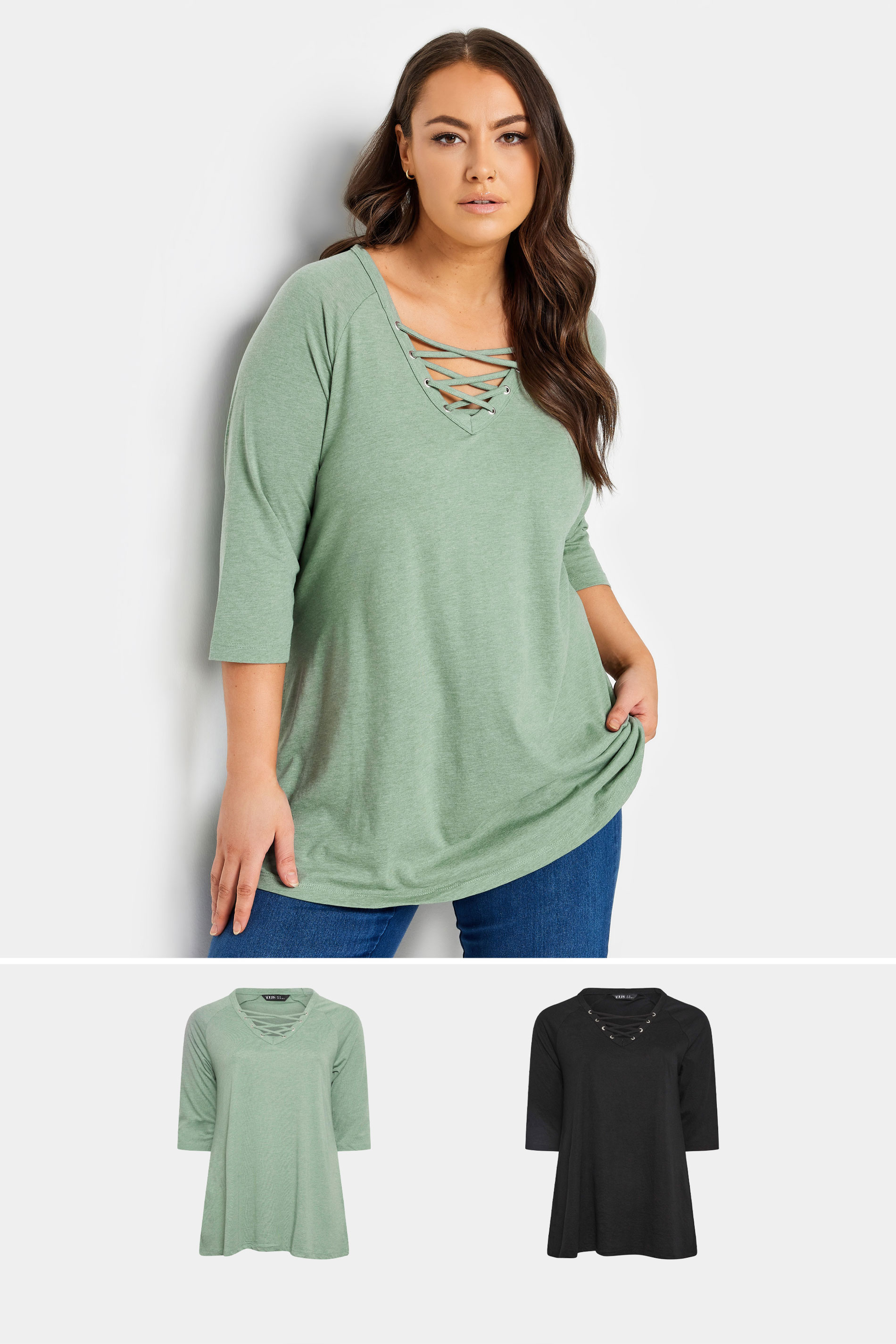 YOURS 2 PACK Plus Size Green & Black Lace Up Eyelet Tops | Yours Clothing 1