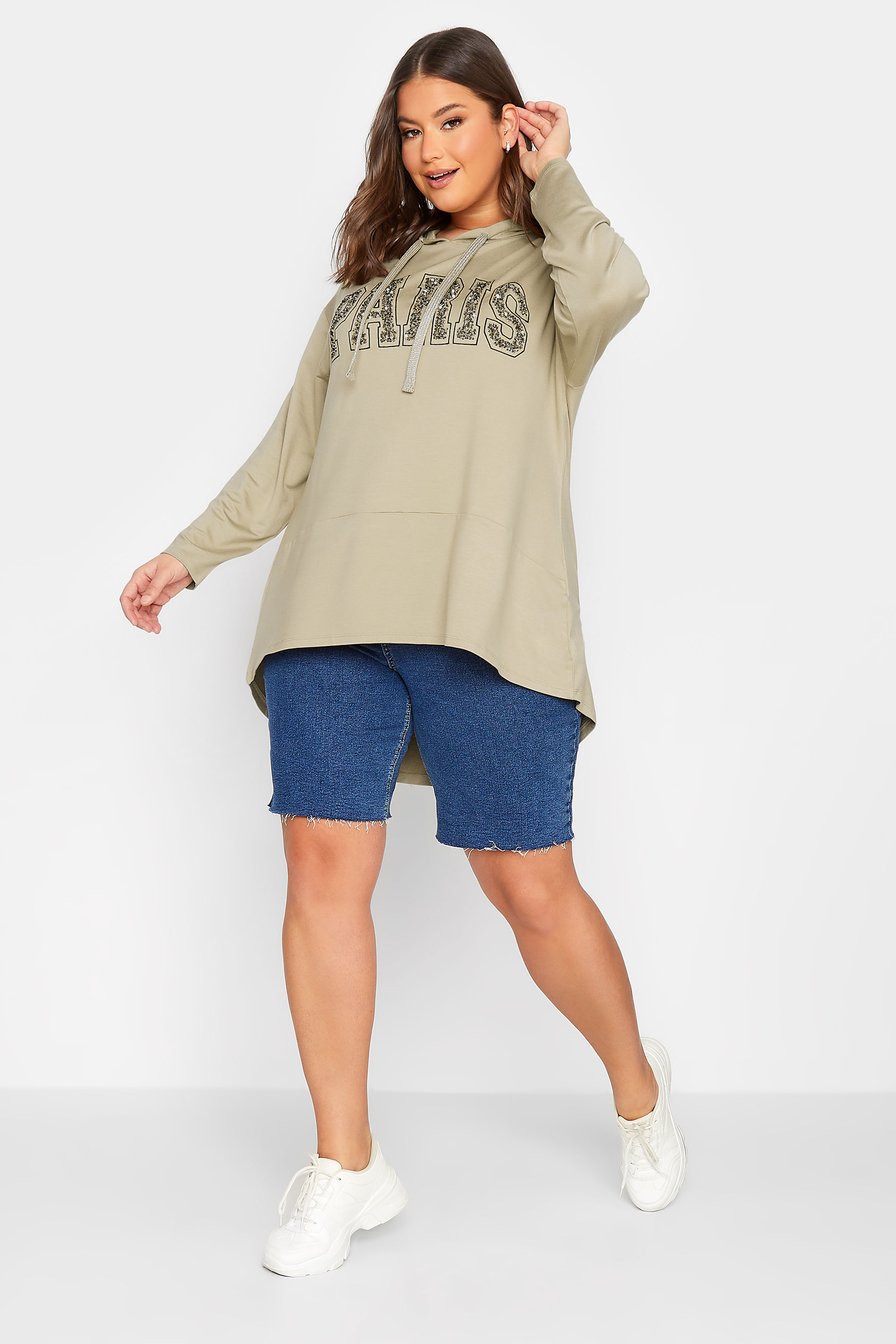 YOURS Plus Size Beige Brown 'Paris' Sequin Slogan Longline Hoodie | Yours Clothing 2