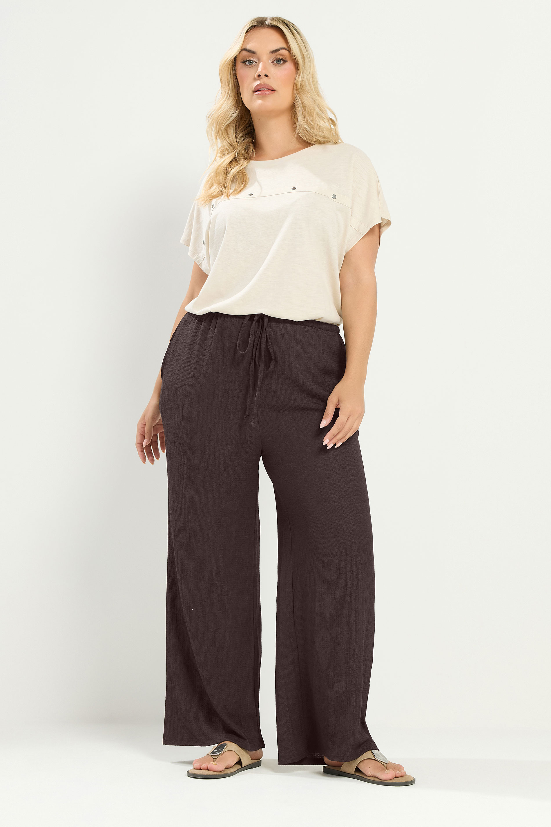 YOURS Plus Size Chocolate Brown Textured Wide Leg Trousers | Yours Clothing 3