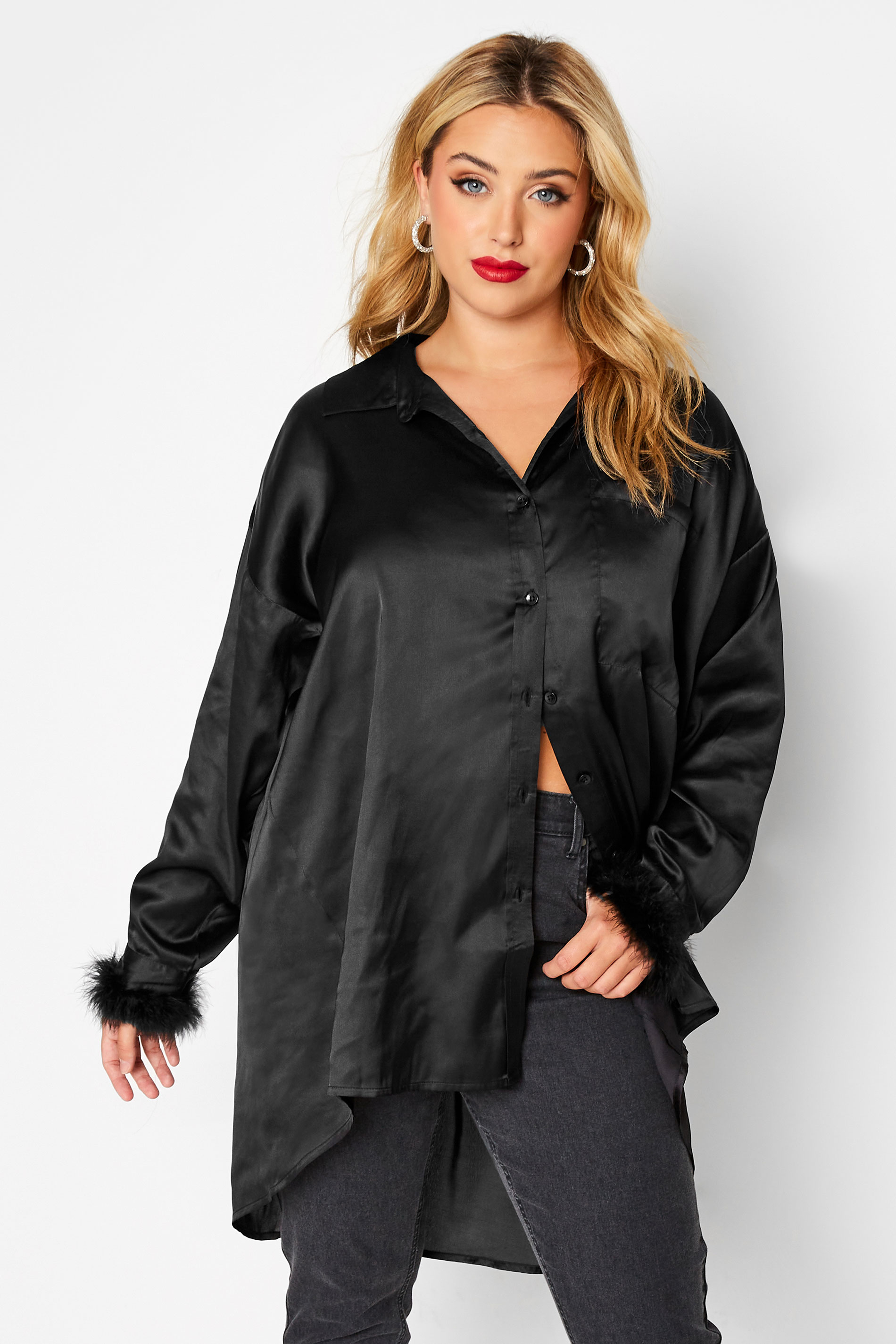 LIMITED COLLECTION Plus Size Black Fluff Trim Satin Shirt | Yours Clothing  1