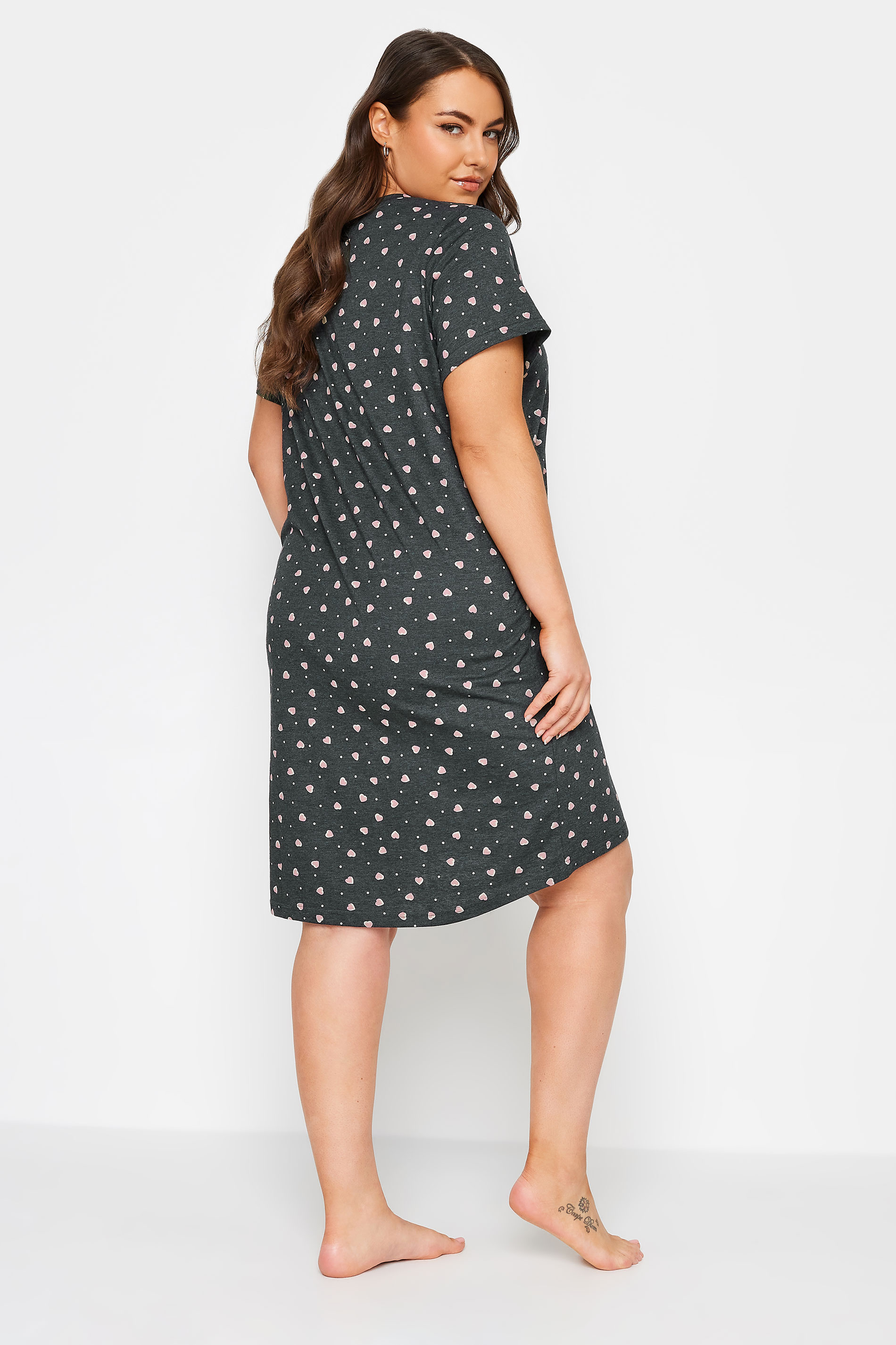 YOURS Plus Size Charcoal Grey Heart Print Nightdress | Yours Clothing 3