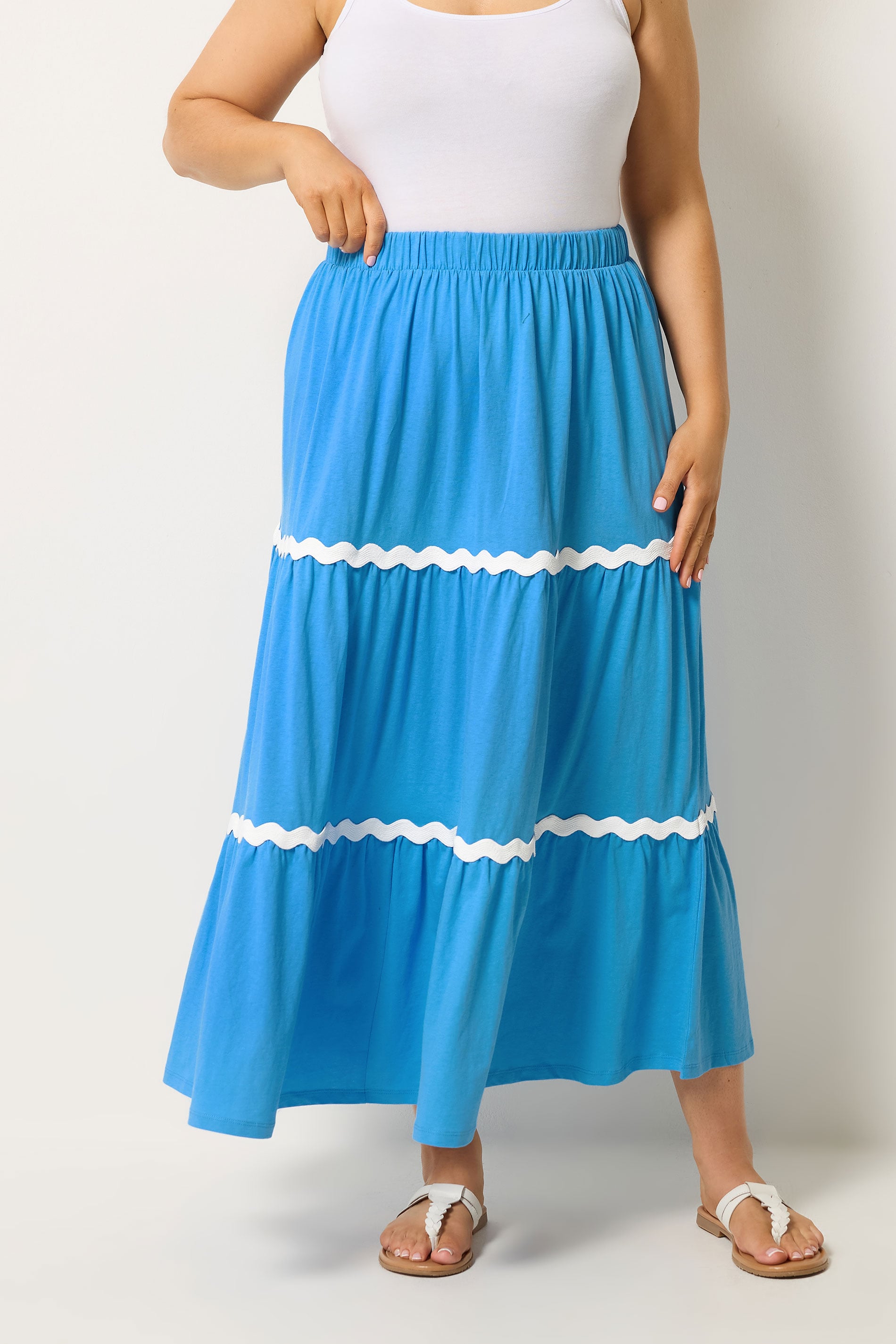YOURS Plus Size Blue Wavy Detail Tiered Maxi Skirt | Yours Clothing 3