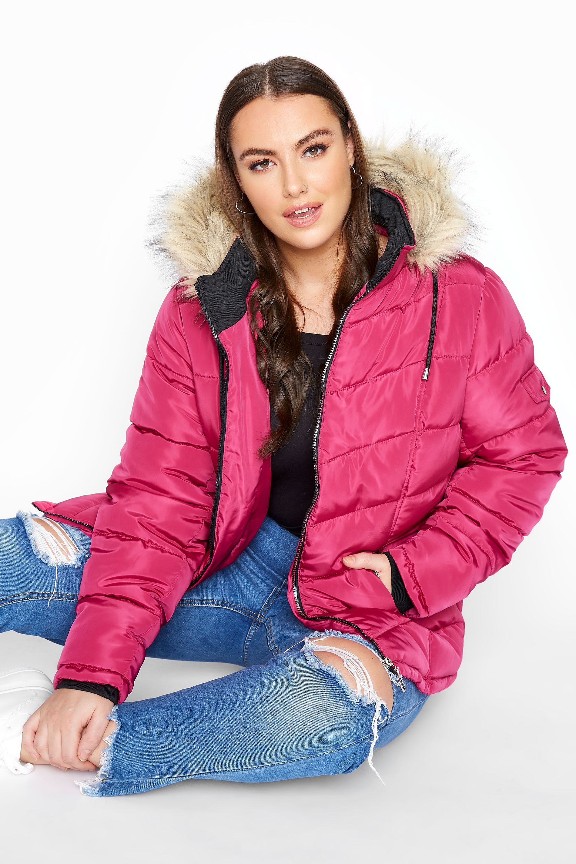 Pink Padded Puffer Jacket With Faux Fur Trim | Yours Clothing