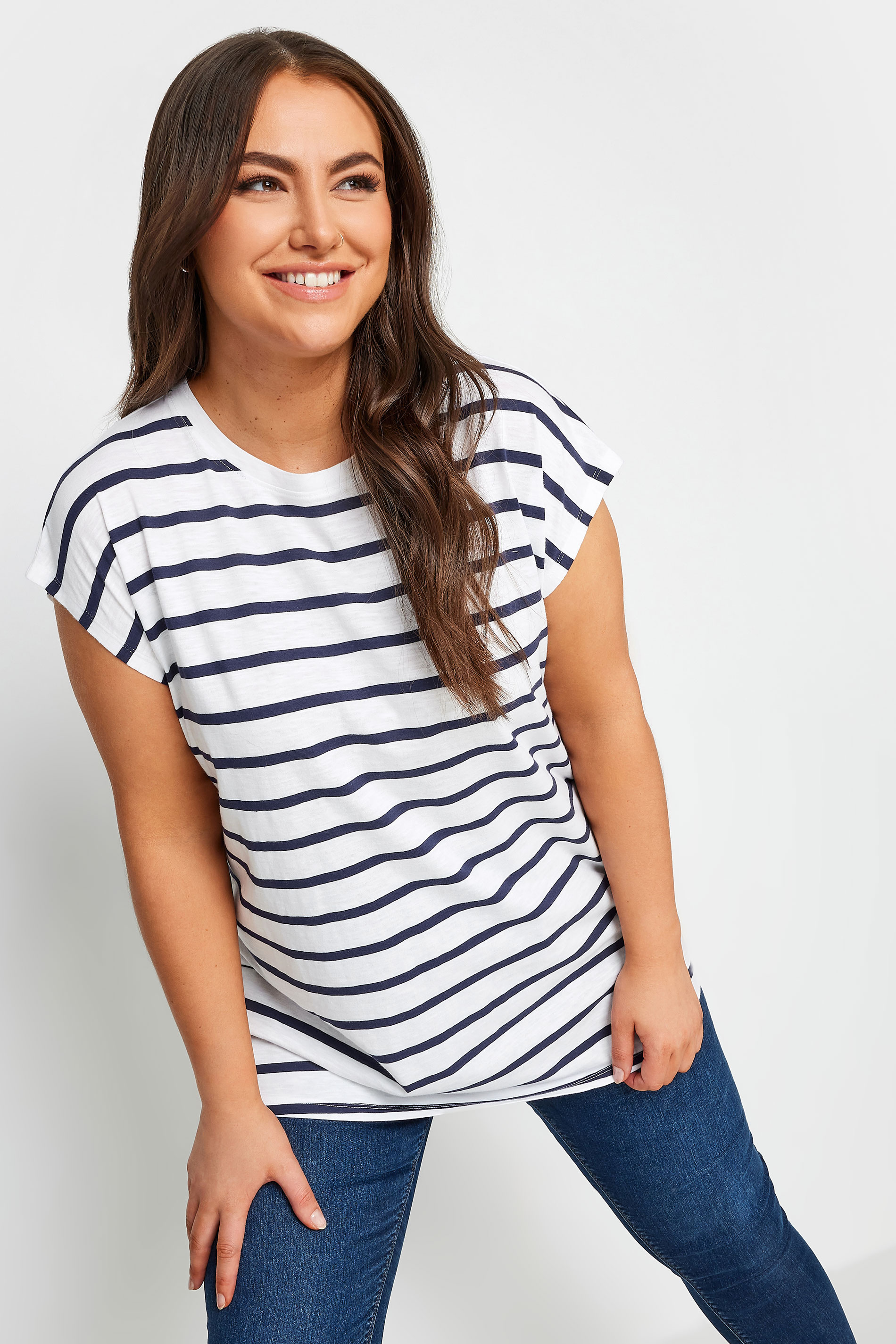 YOURS Plus Size White & Navy Blue Stripe Top | Yours Clothing 1