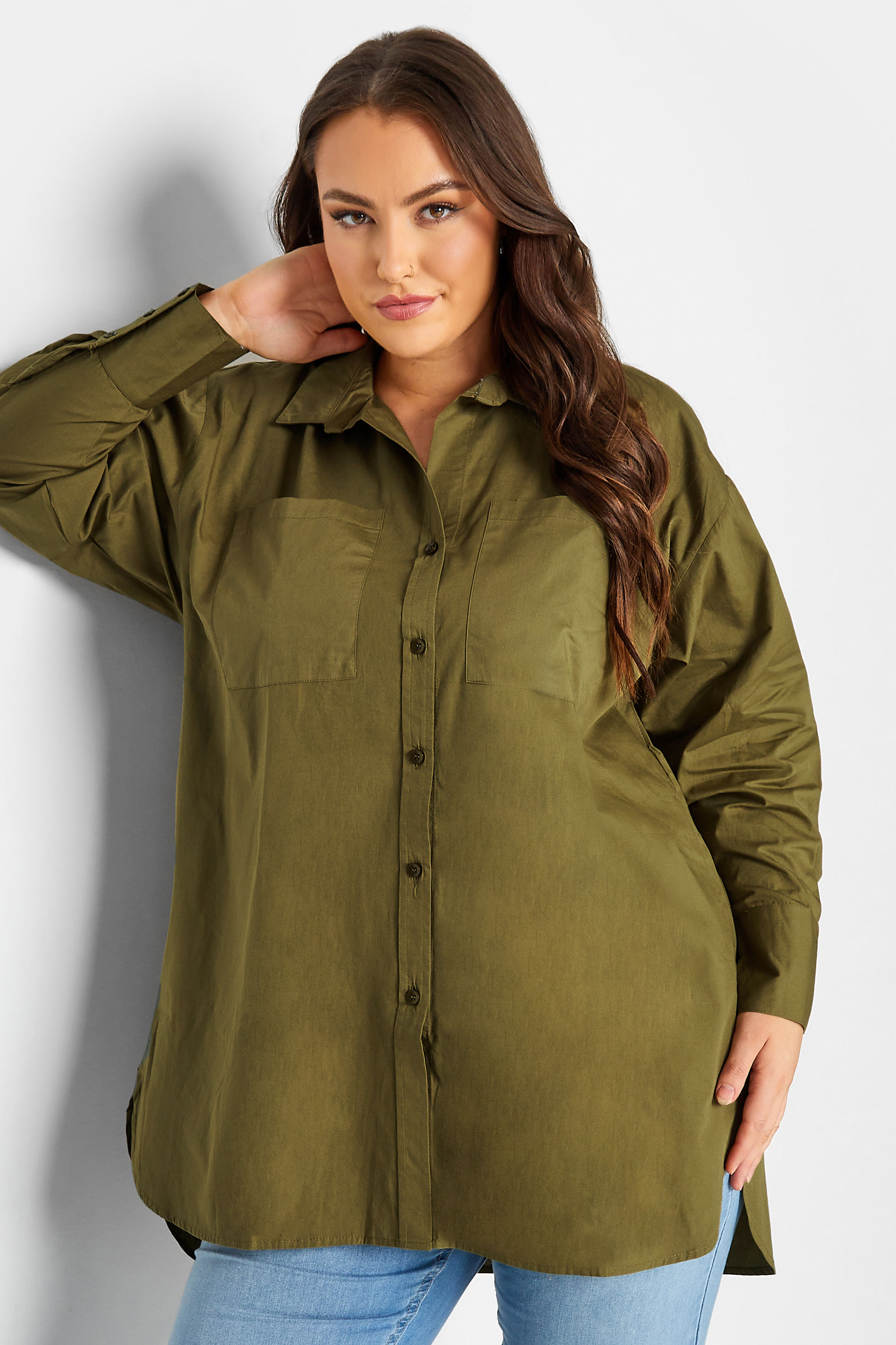 LIMITED COLLECTION Plus Size Khaki Green Oversized Boyfriend Shirt | Yours Clothing 1