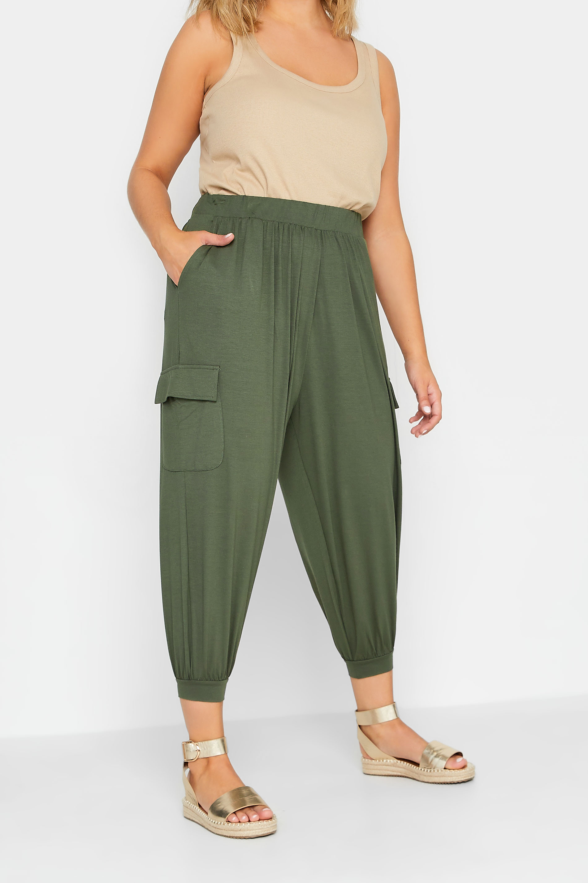 YOURS Curve Plus Size Khaki Green Harem Cropped Joggers | Yours Clothing  1