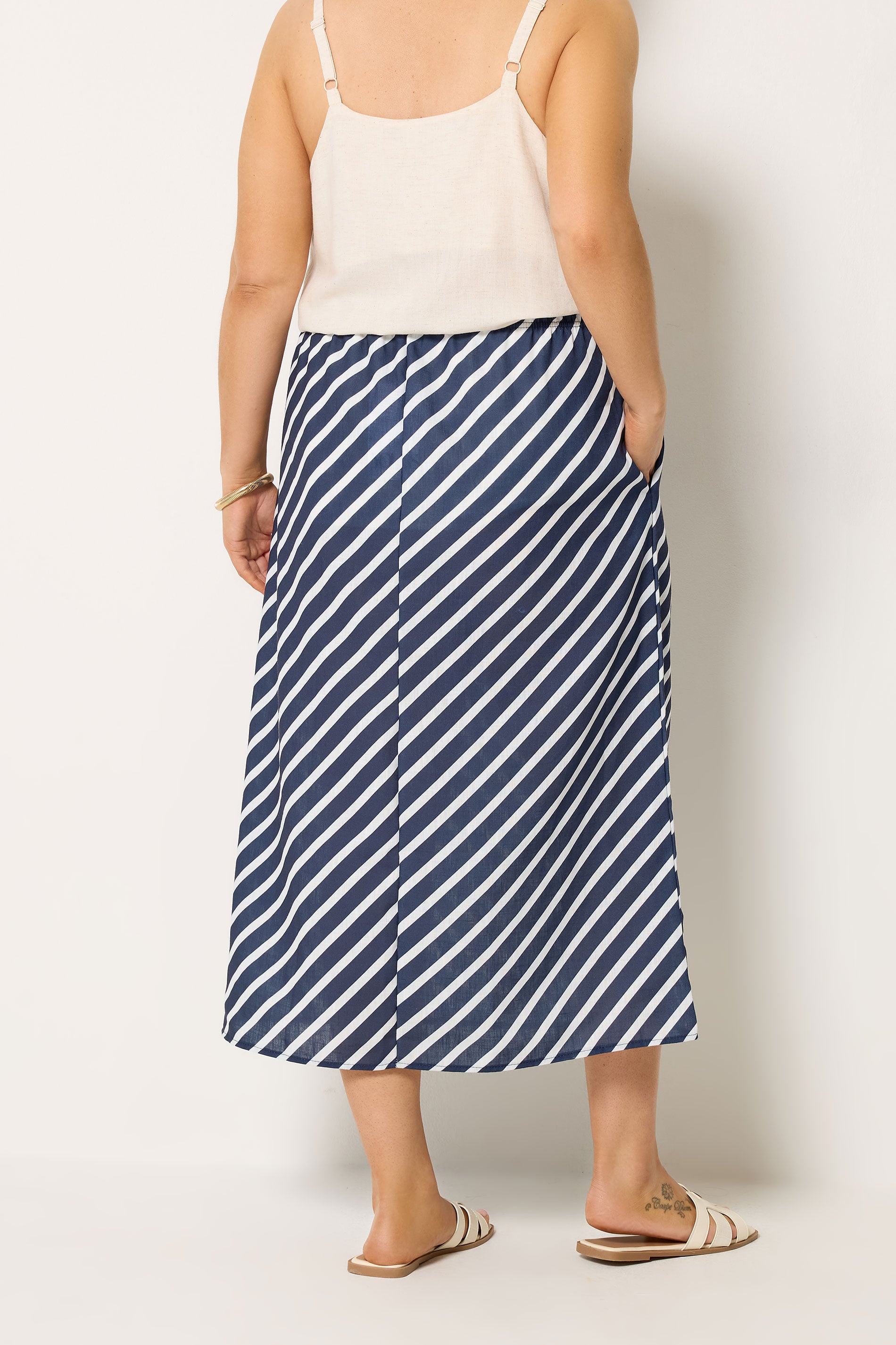 YOURS Plus Size Navy Blue Linen Look Stripe Skirt | Yours Clothing 2