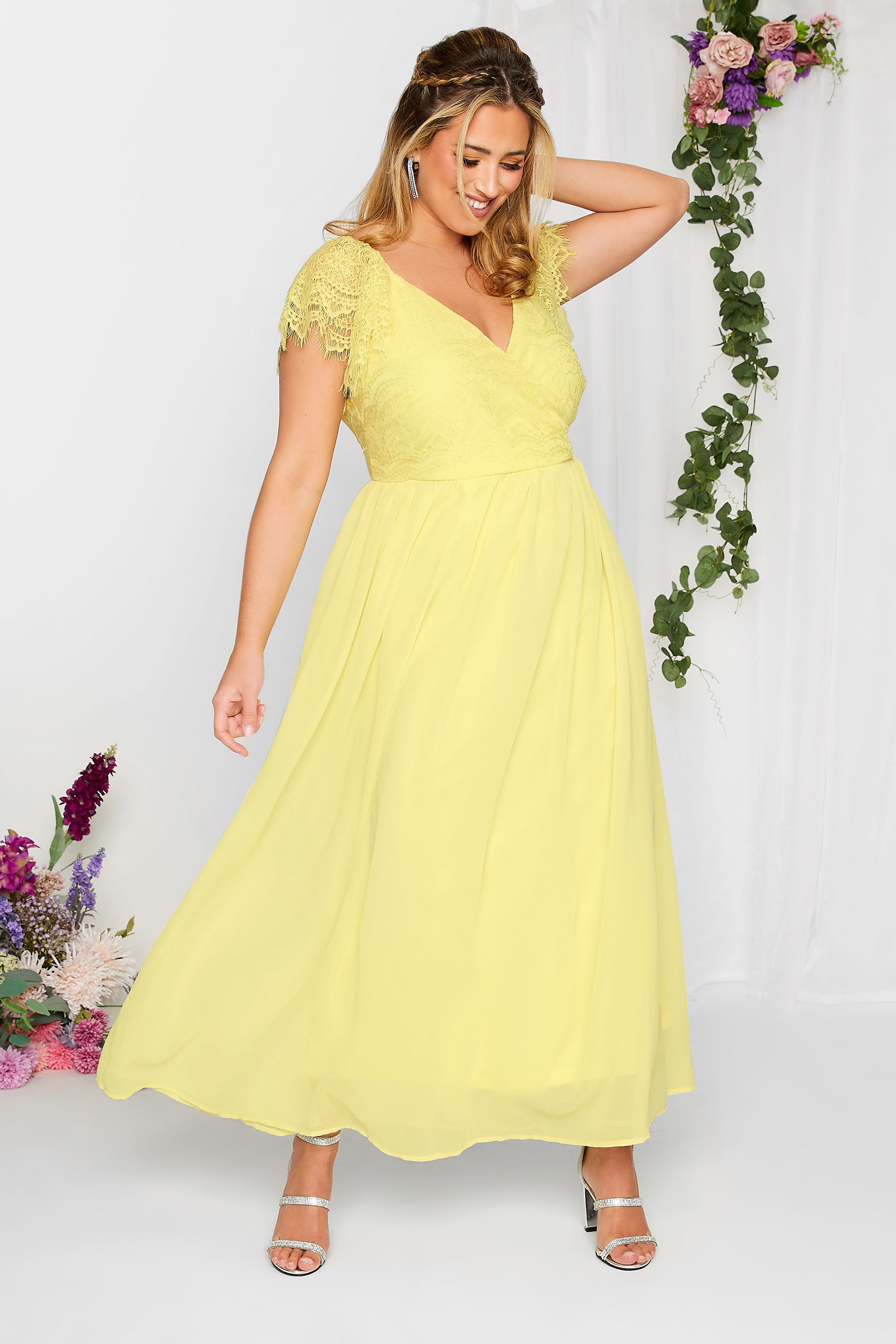 YOURS LONDON Plus Size Yellow Lace Detail Wrap Maxi Dress | Yours Clothing 1