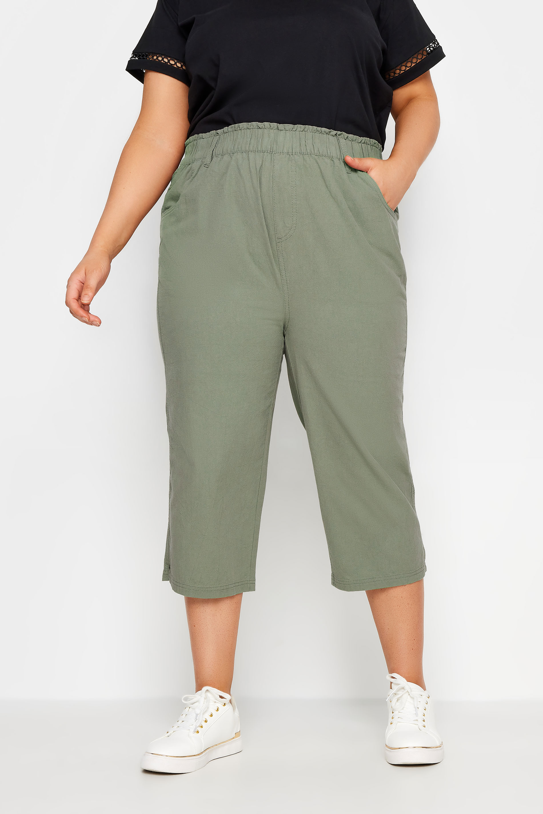 YOURS Plus Size Green Khaki Cool Cotton Cropped Trousers  1