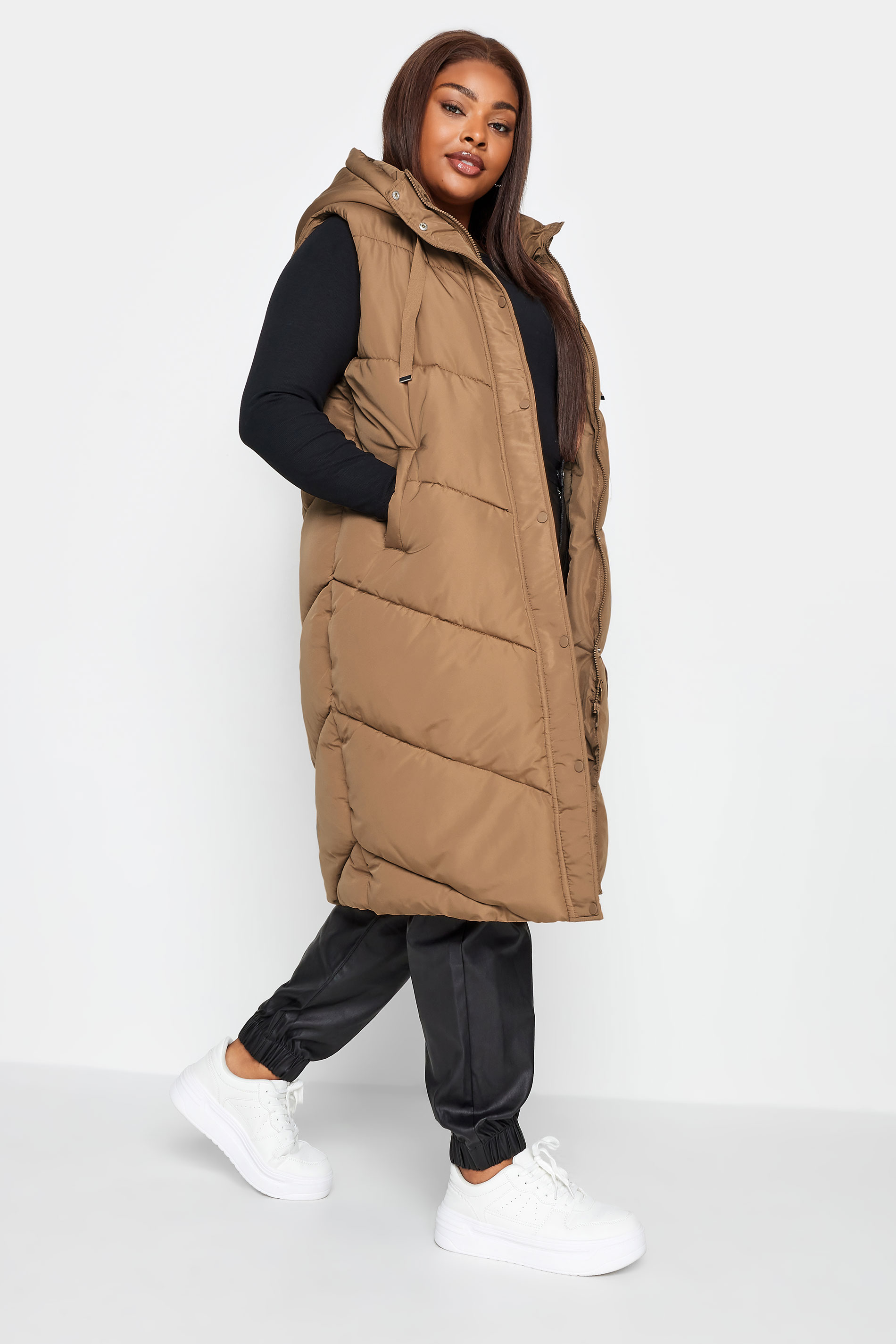 YOURS Curve Brown Quilted Longline Hooded Gilet | Yours Clothing 3