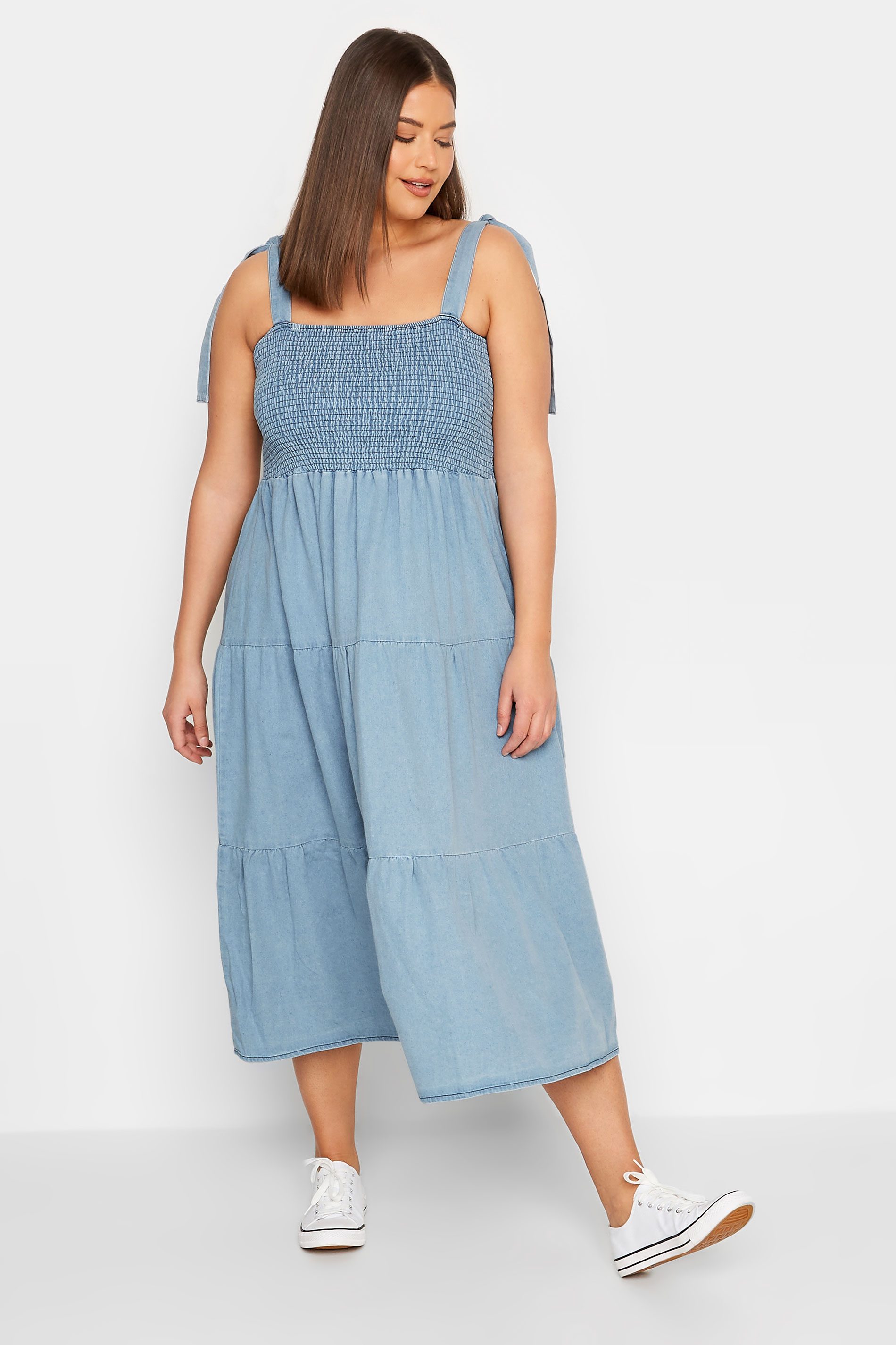 LTS Tall Women's Blue Denim Shirred Tiered Midi Dress | Long Tall Sally 2