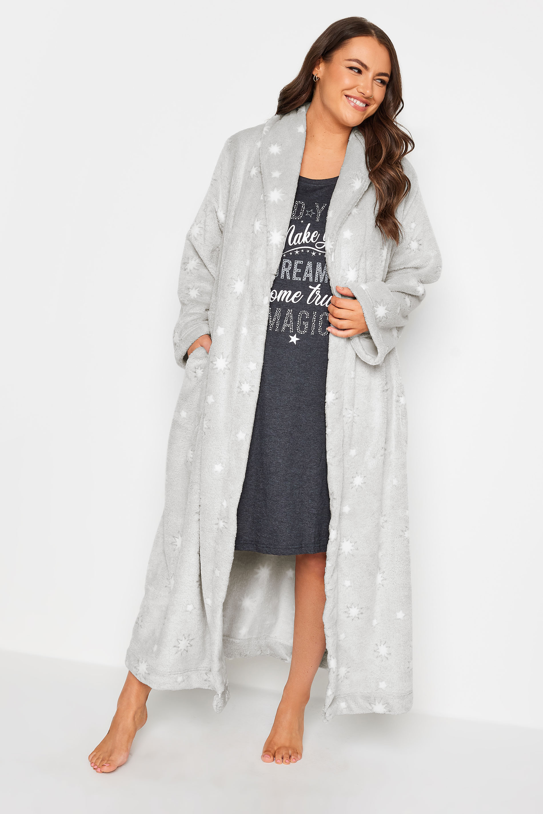 YOURS Plus Size Grey Star Print Shawl Maxi Dressing Gown | Yours Clothing 3