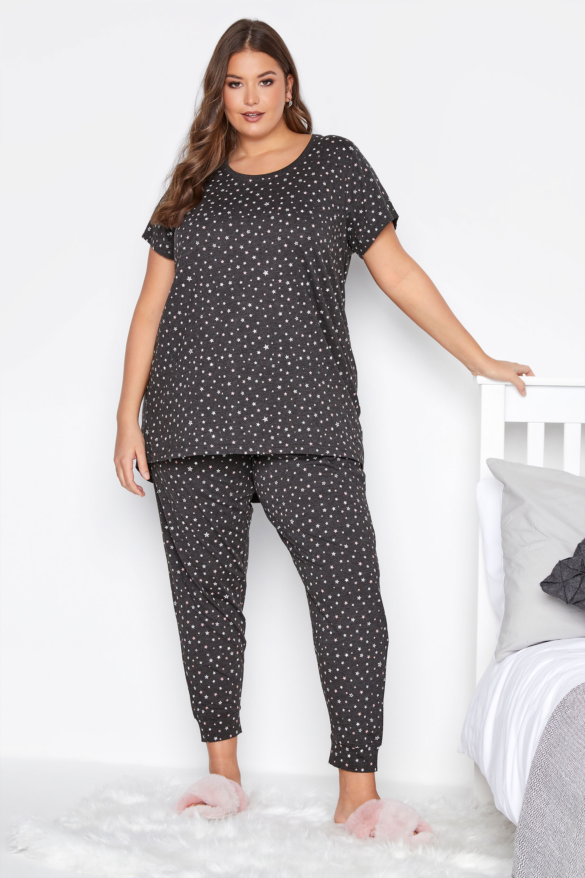 Plus Size Grey Star Print Pyjama Bottoms | Yours Clothing 1