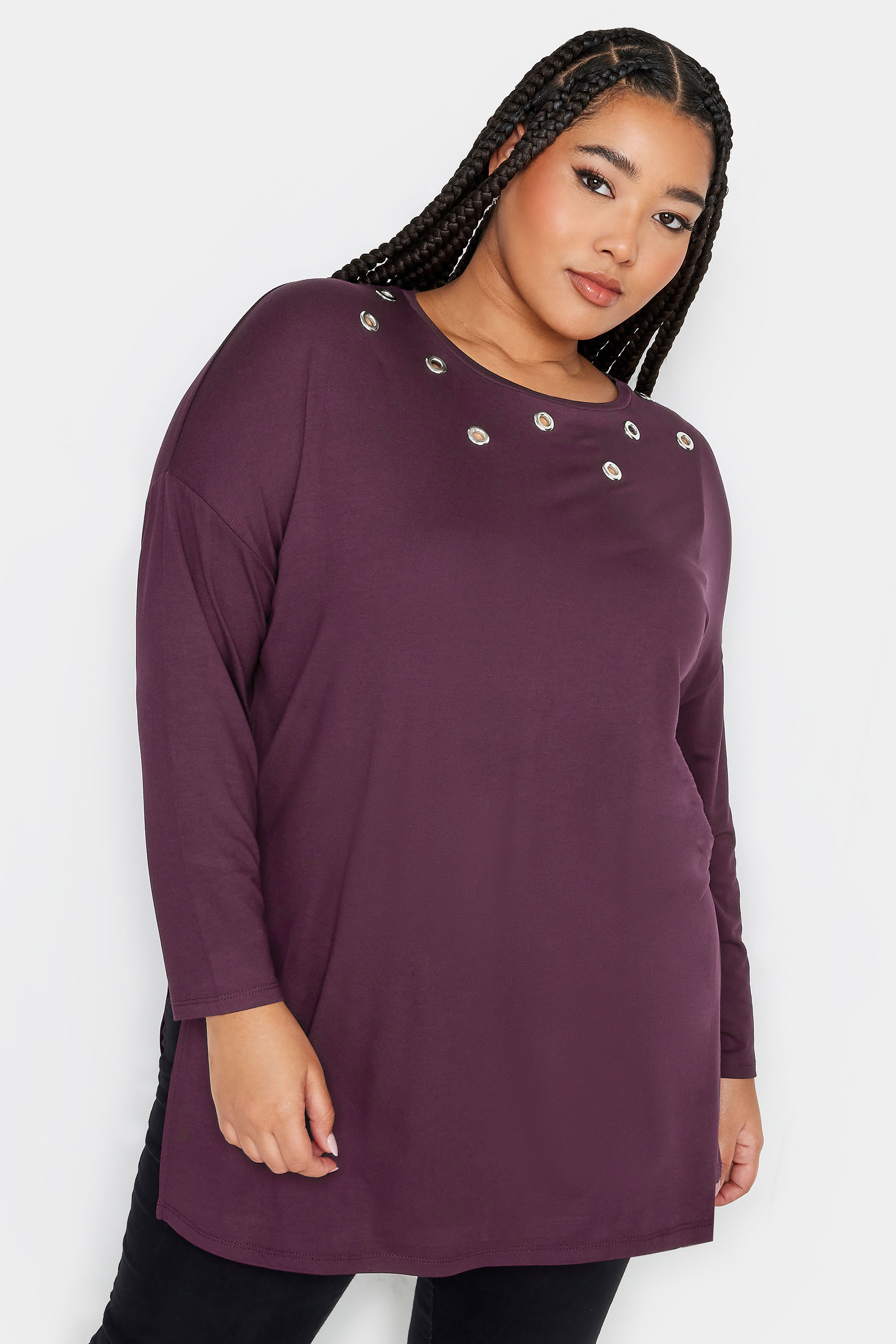 YOURS Plus Size Purple Eyelet Detail Oversized Long Sleeve T-Shirt | Yours Clothing 1