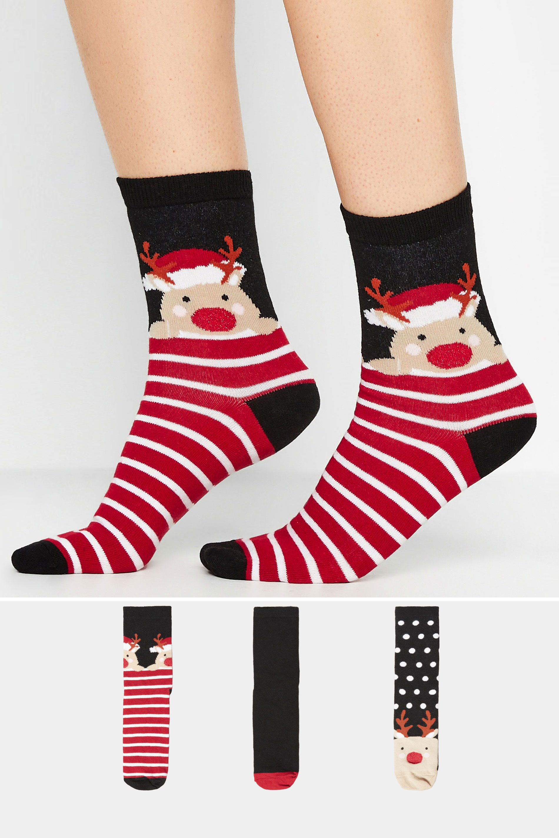 LTS 3 PACK Black Novelty Reindeer Ankle Socks | Long Tall Sally 1