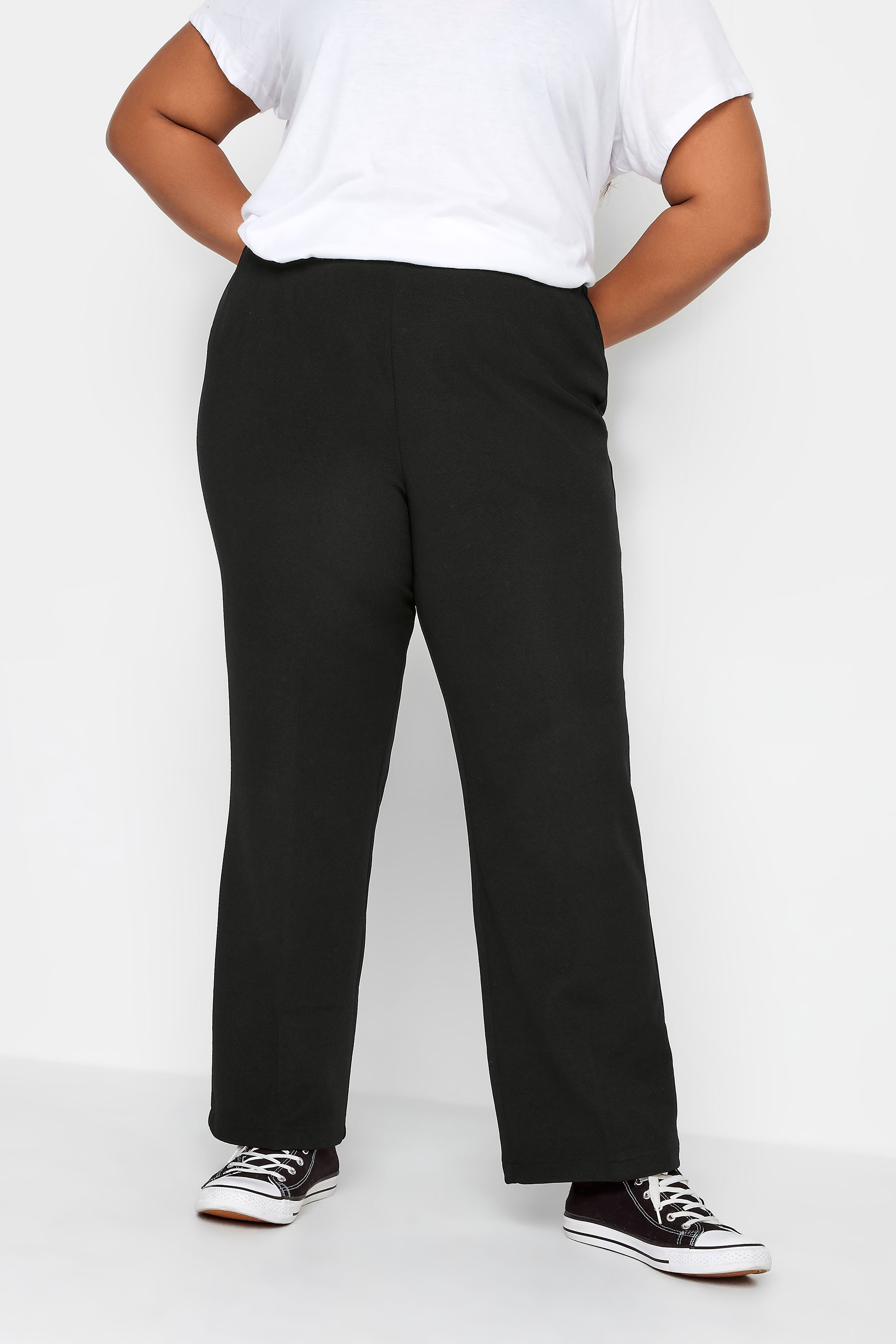 Plus Size Black Pull On Ribbed Bootcut Stretch Trousers  | Yours Clothing 1