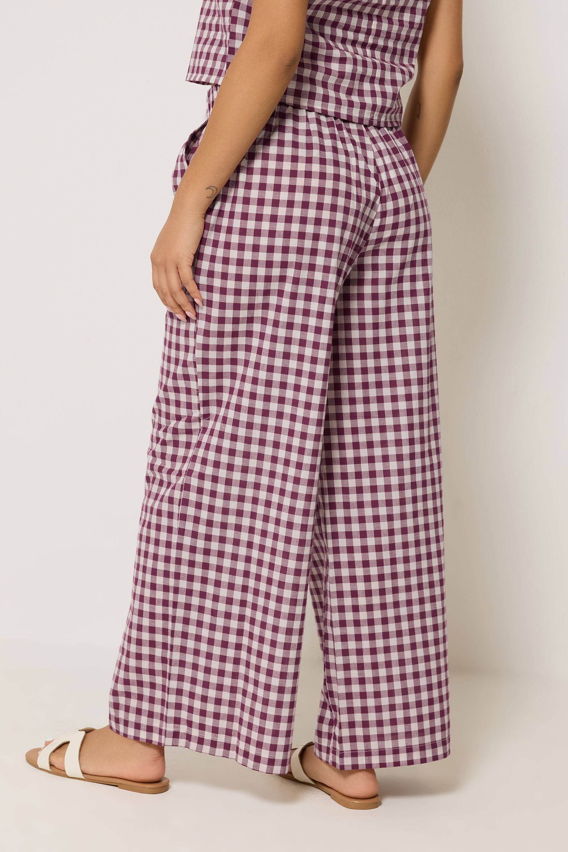 PixieGirl Petite Women's Set Burgundy Red Gingham Cotton Top & Wide Leg Trousers | PixieGirl 3