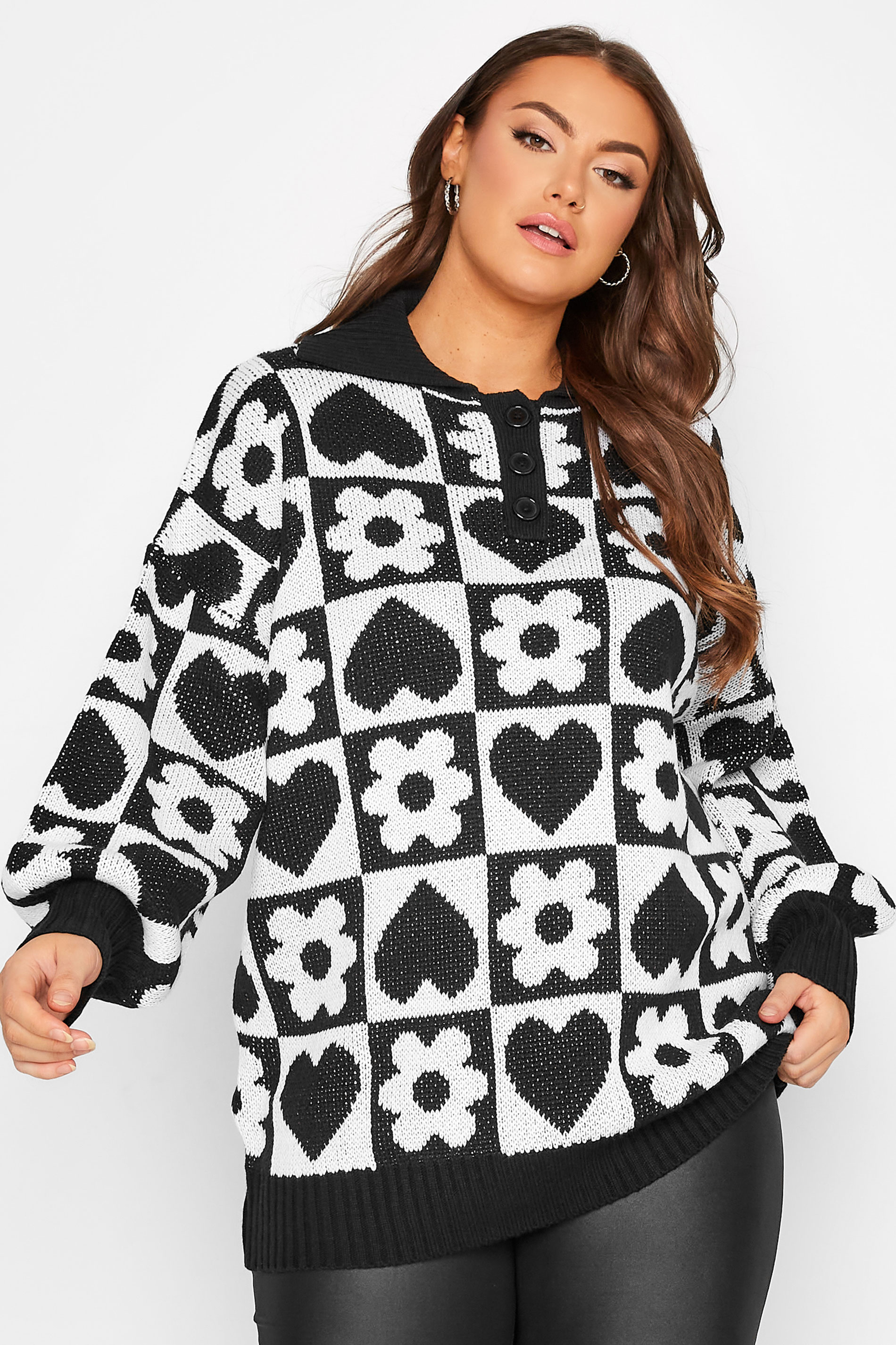 Plus Size White & Black Floral Heart Print Knitted Jumper | Yours Clothing 1