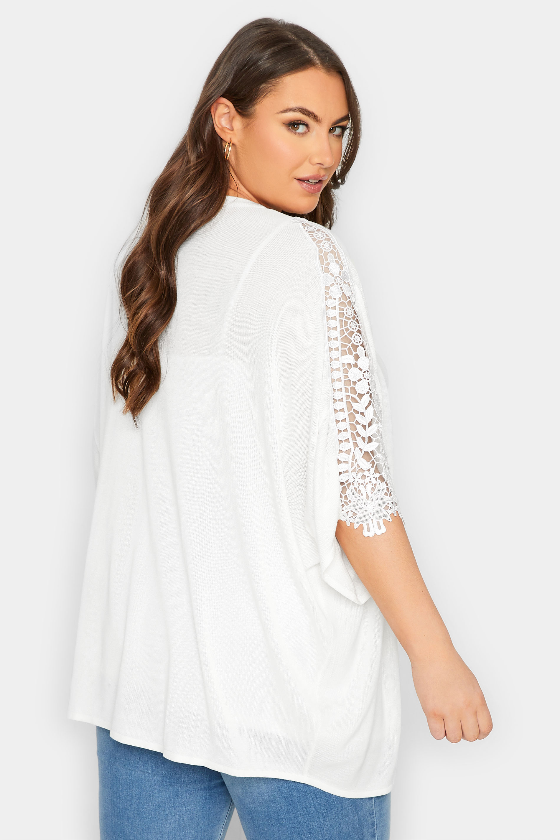 YOURS Plus Size White Crochet Sleeve Kimono | Yours Clothing 3