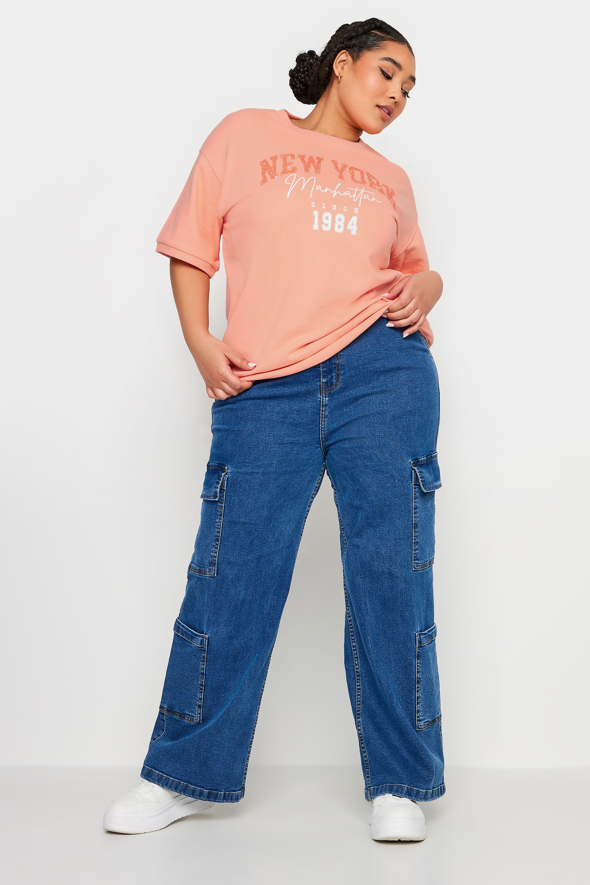 YOURS Plus Size Pink 'New York' Slogan Embellished Top | Yours Clothing 2