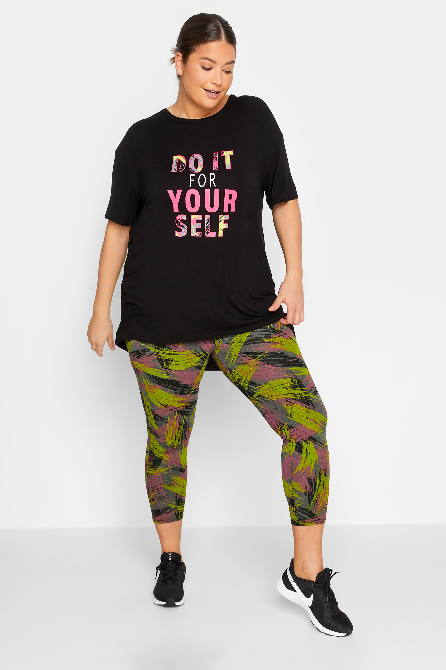 YOURS ACTIVE Plus Size Green & Pink Slash Print Leggings | Yours Clothing 2