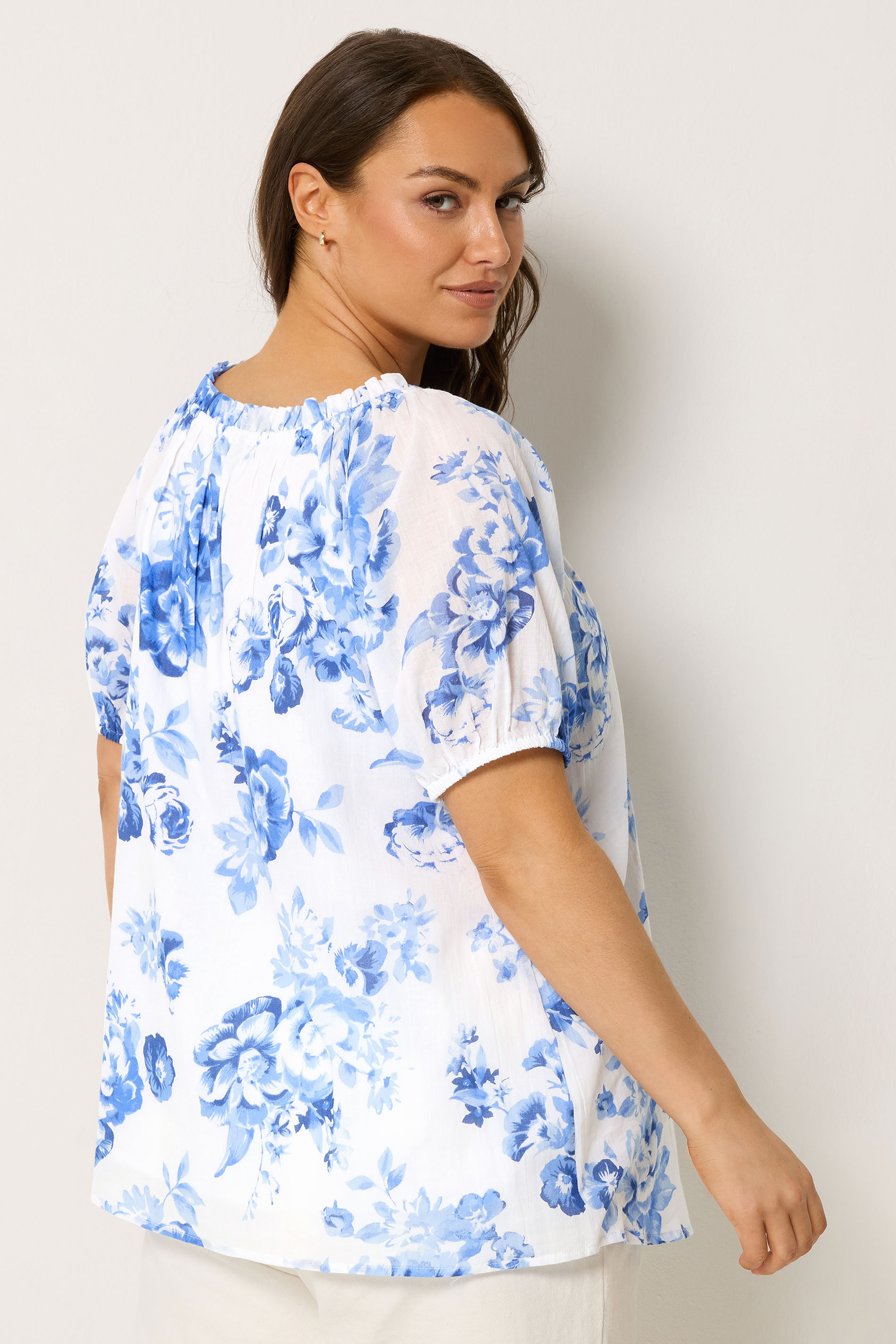 YOURS Plus Size Blue Floral Tie Neck Top | Yours Clothing 2