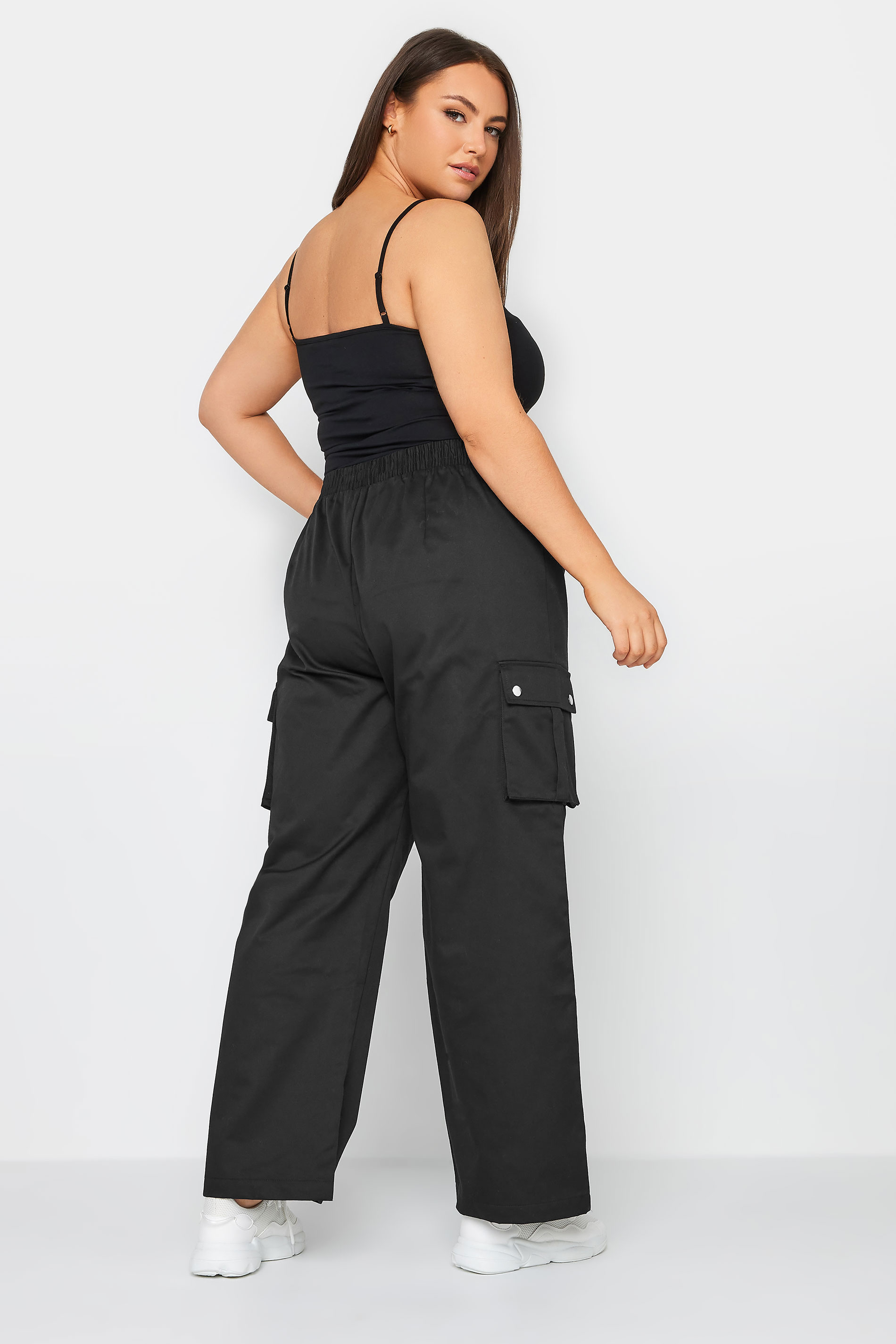 YOURS Curve Black Wide Leg Woven Cargo Trousers | Yours Clothing
