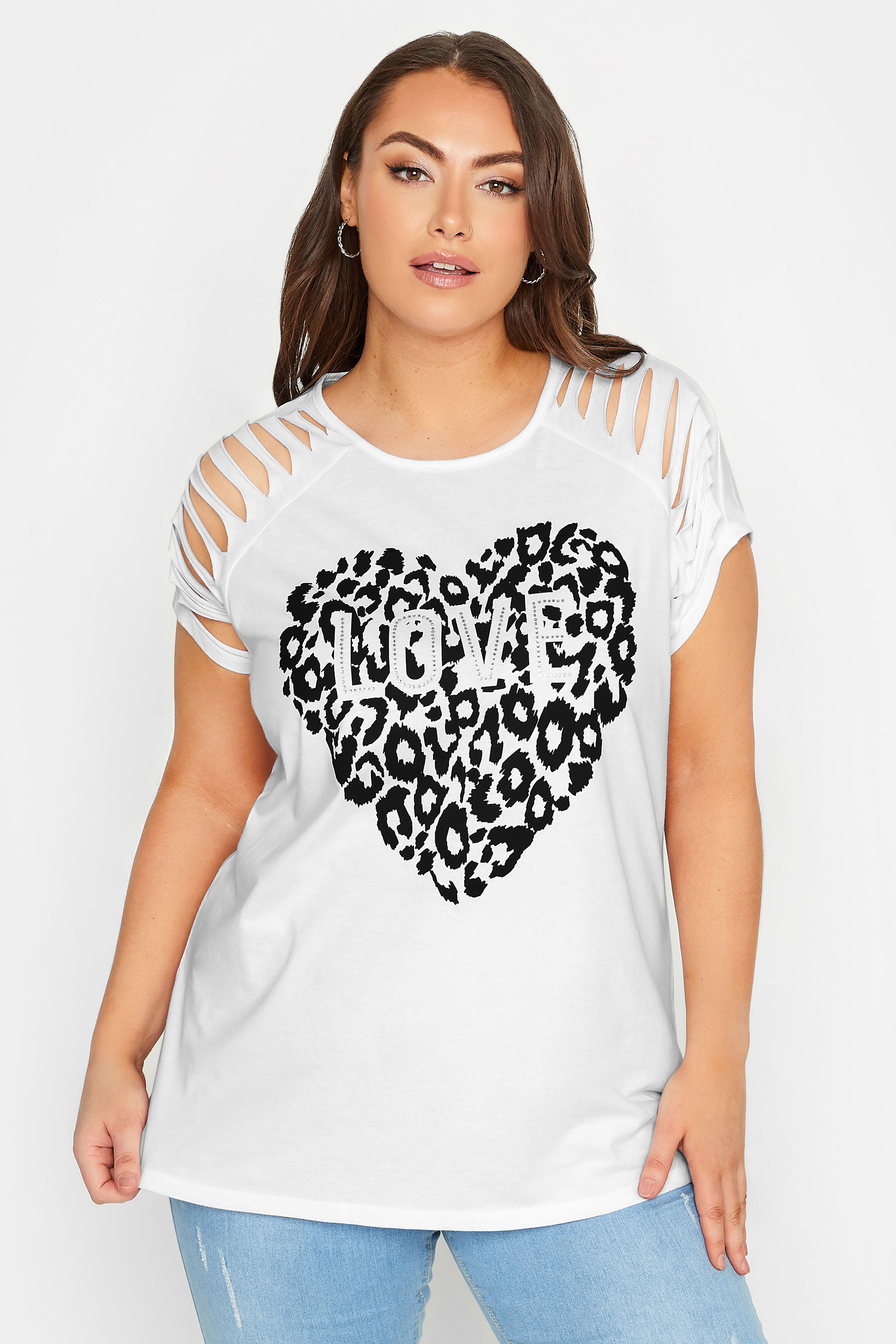 YOURS Plus Size White Leopard Print 'Love' Distressed T-Shirt | Yours Clothing 1