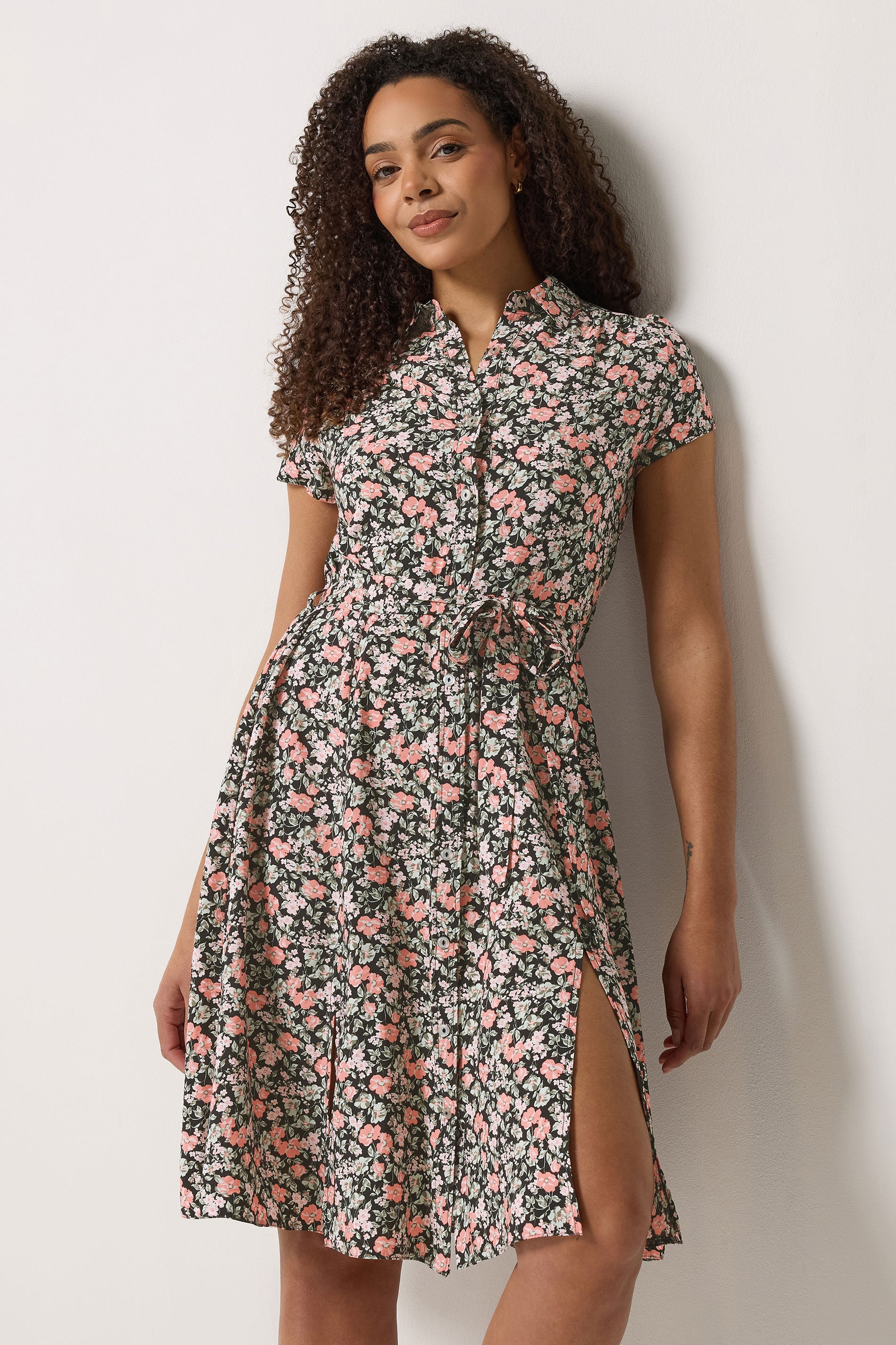 M&Co Black & Pink Floral Tie Waist Shirt Dress | M&Co 1