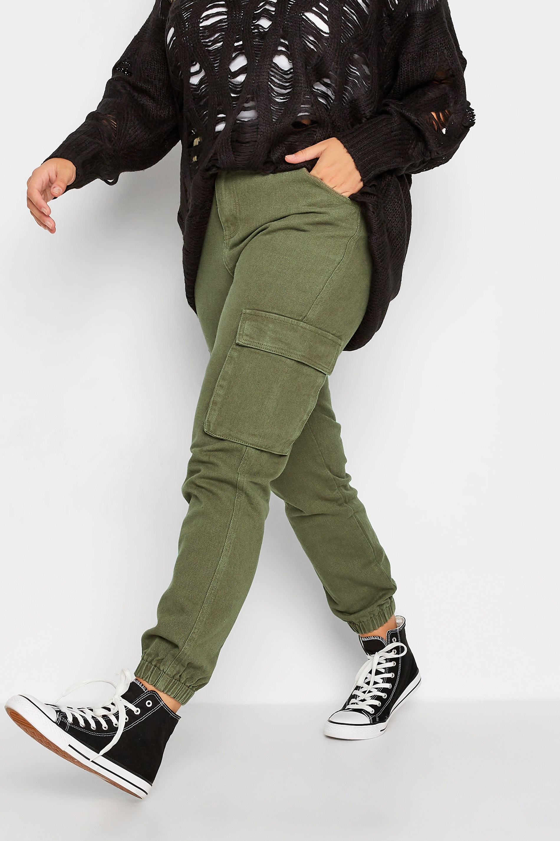 Curve Khaki Green Cargo Pocket Jeans 1