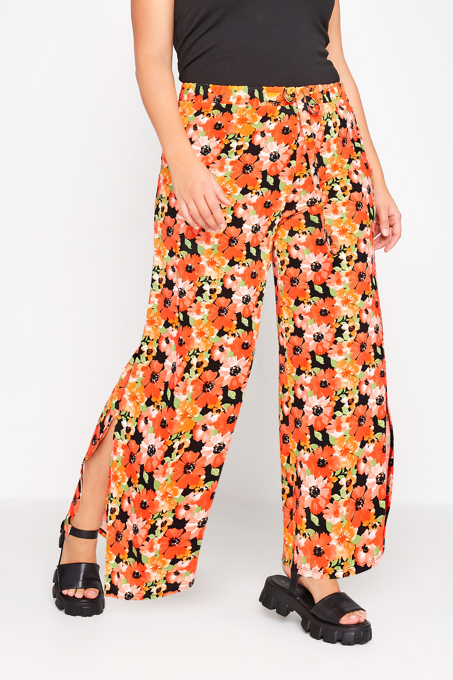 Plus Size Orange Floral Print Tie Wide Leg Trousers | Yours Clothing 1