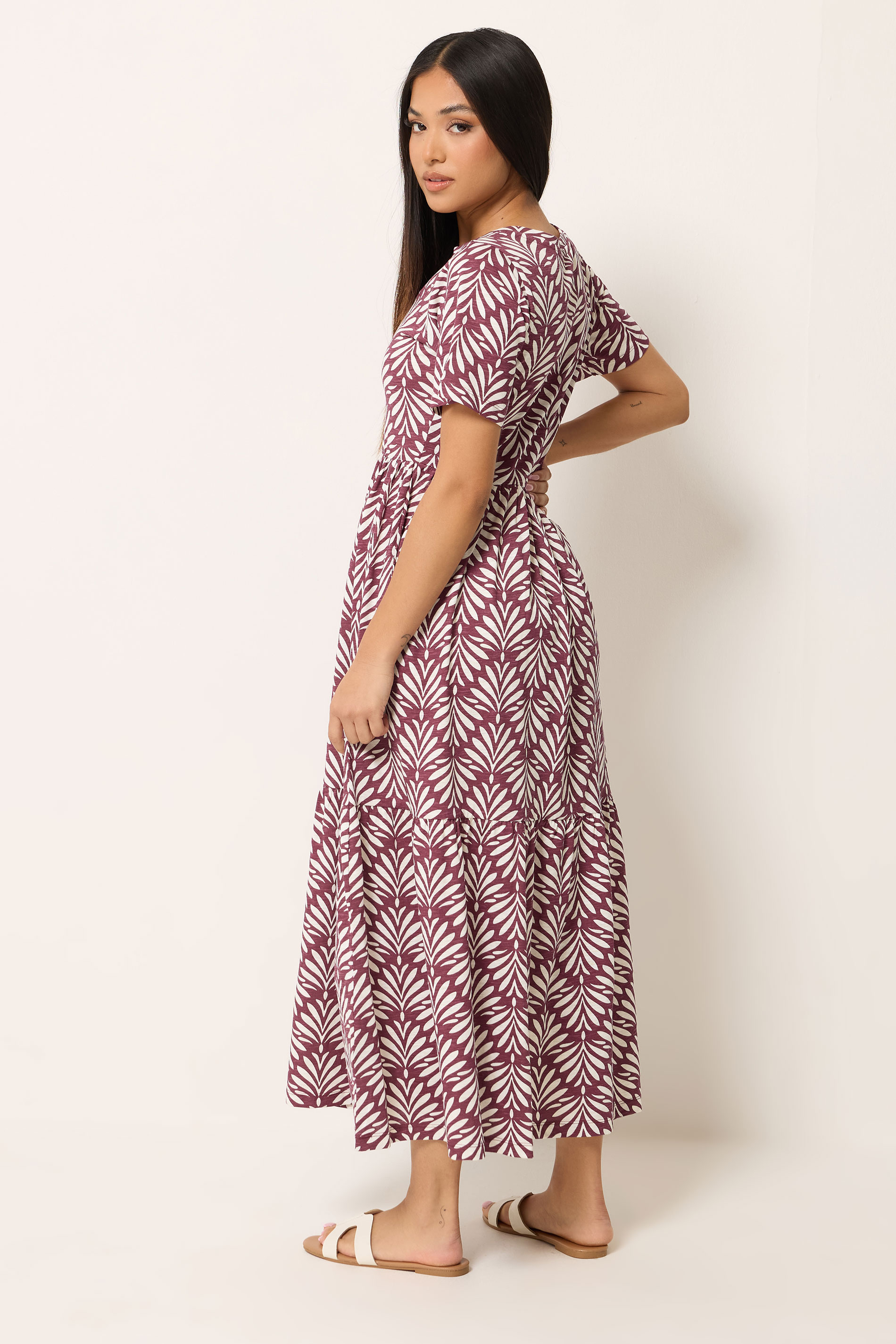 M&Co Petite Berry Red Leaf Print Cotton Maxi Dress | M&Co 2