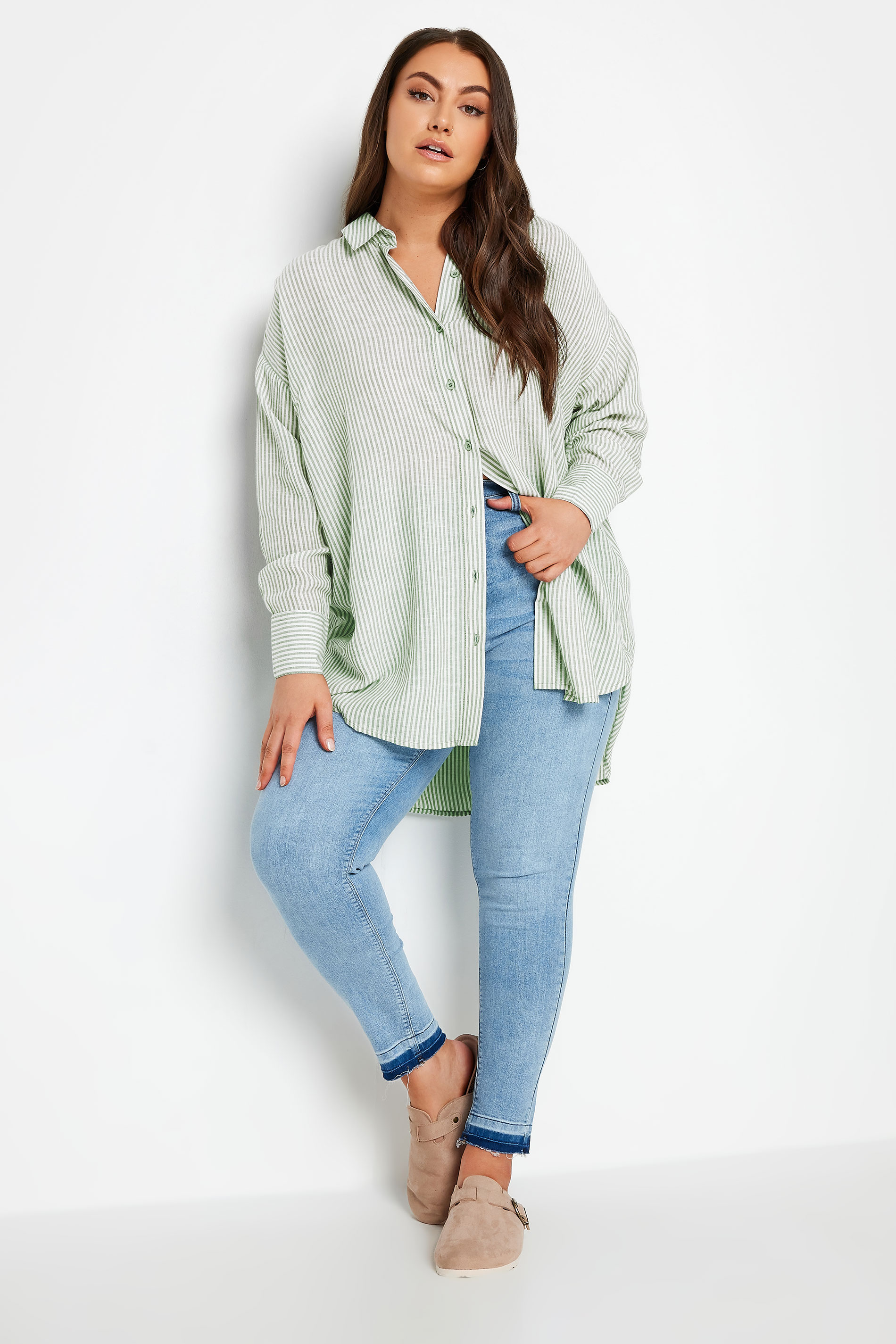 YOURS Plus Size Green Pinstripe Shirt | Yours Clothing 2