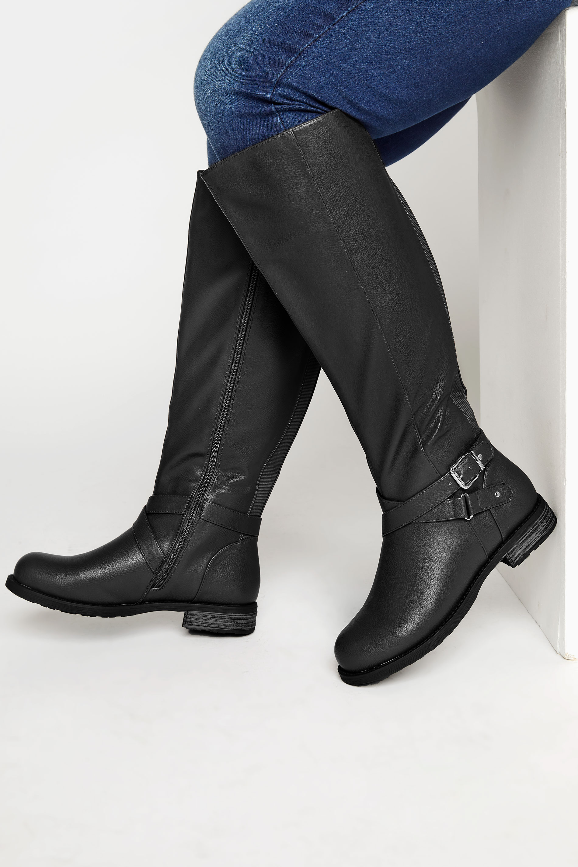 Black Faux Leather Knee High Boots In Wide E Fit & Extra Wide EE Fit | Yours Clothing 1