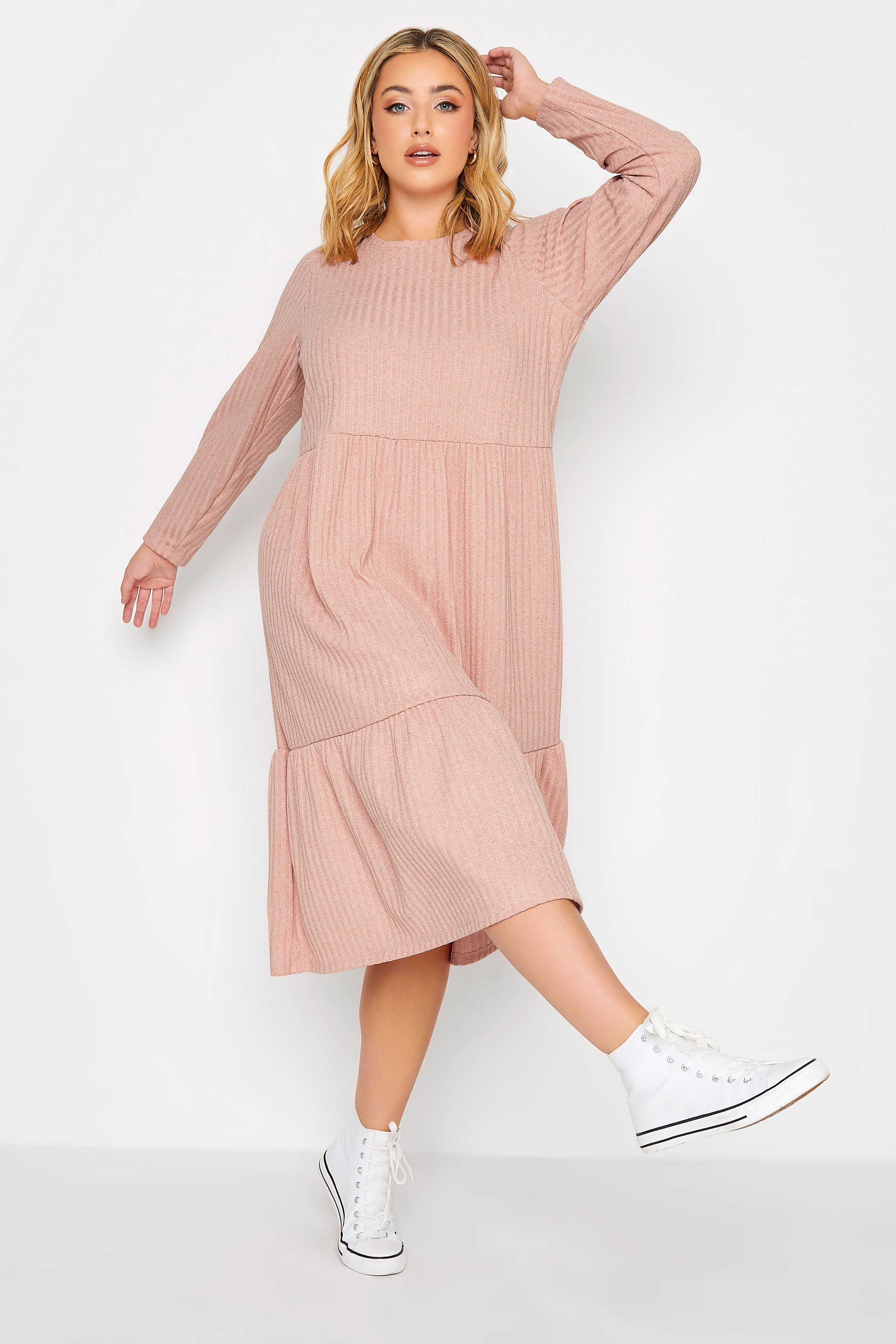 YOURS Plus Size Pink Ribbed Tiered Midi Dress | Yours Clothing 2